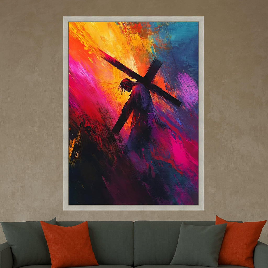 Jesus Carrying Cross Canvas, Abstract Christian Wall Art, Religious Canvas Painting, Spiritual Home Decor, Cross and Crown of Ready To Hang,