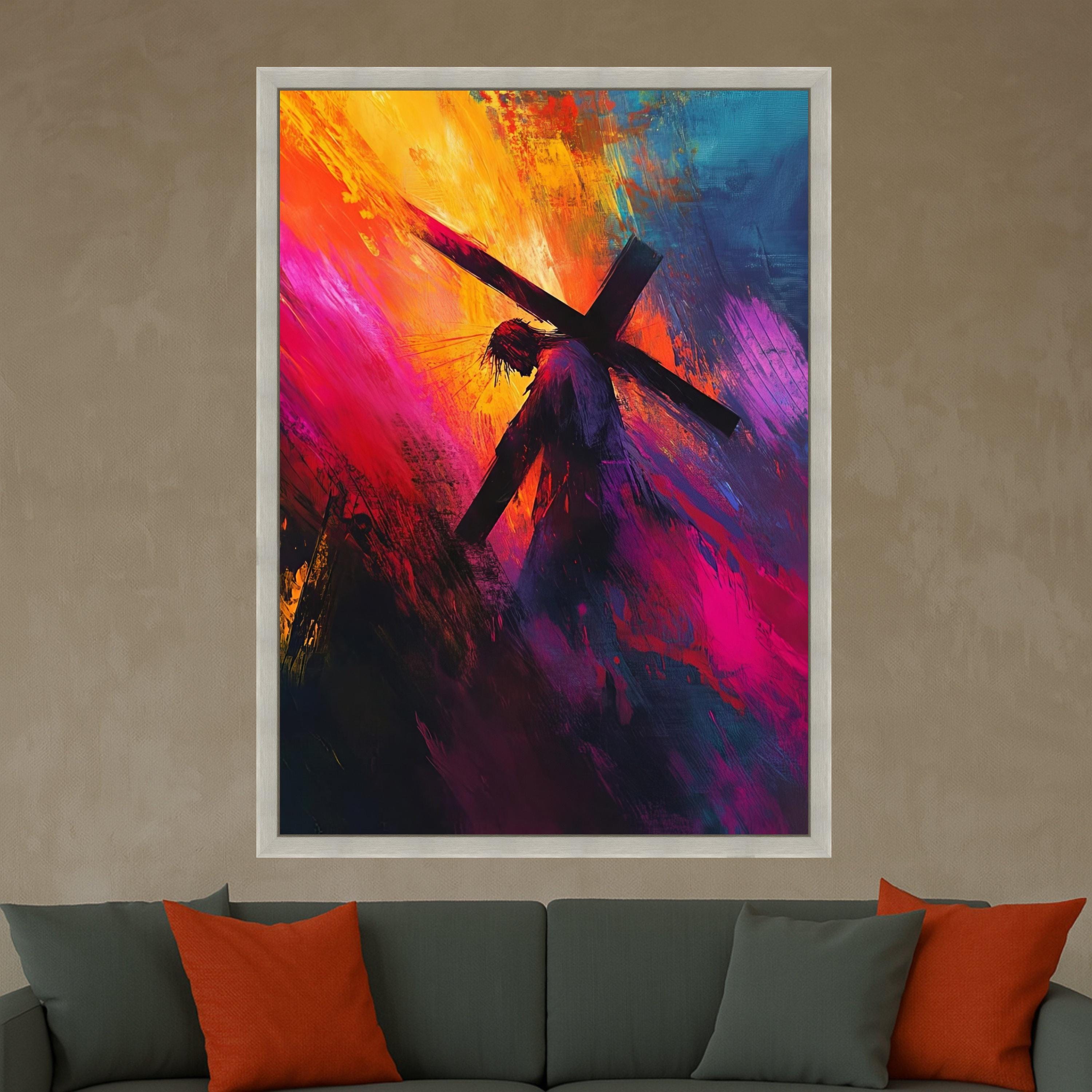 Jesus Carrying Cross Canvas, Abstract Christian Wall Art, Religious Canvas Painting, Spiritual Home Decor, Cross and Crown of Ready To Hang,