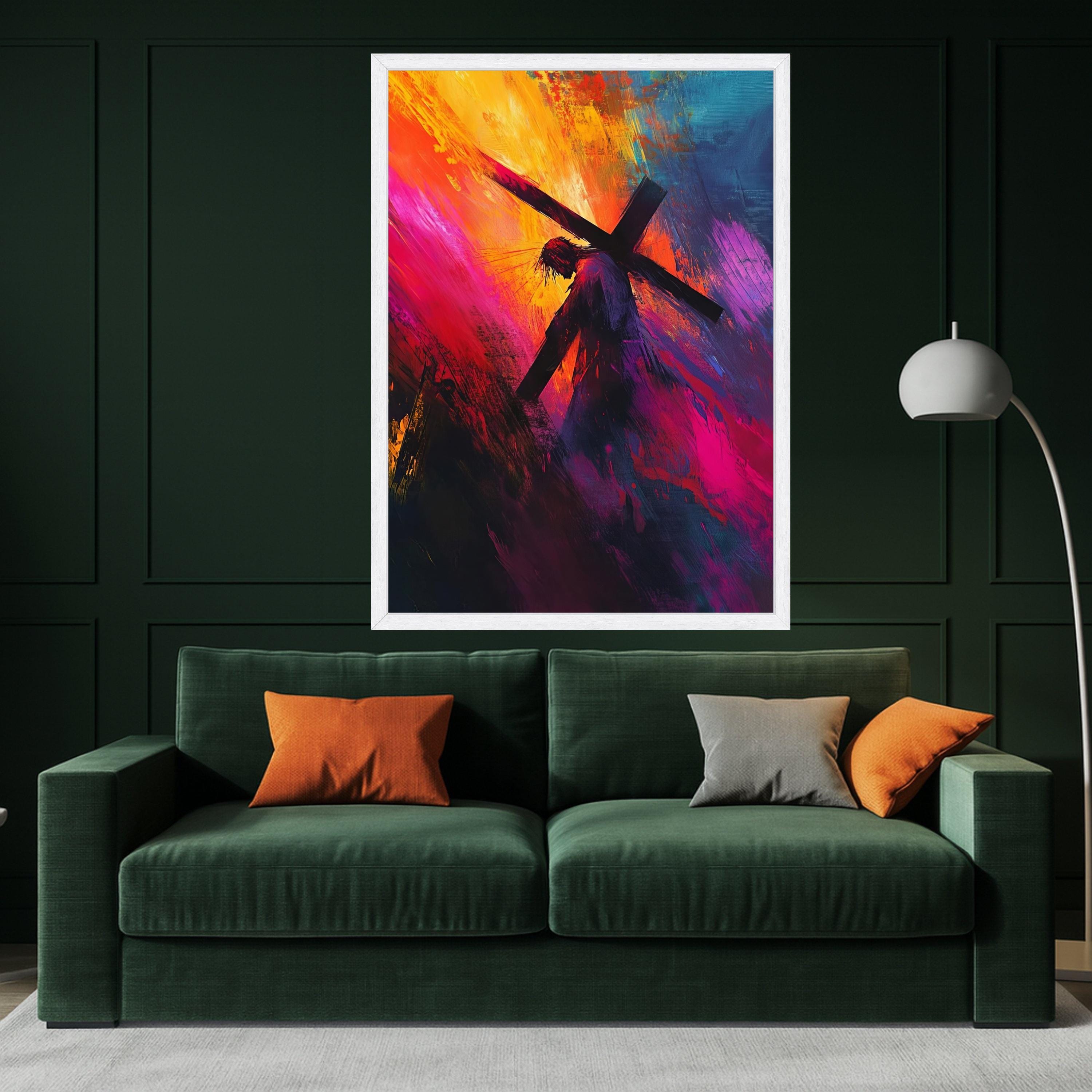 Jesus Carrying Cross Canvas, Abstract Christian Wall Art, Religious Canvas Painting, Spiritual Home Decor, Cross and Crown of Ready To Hang,