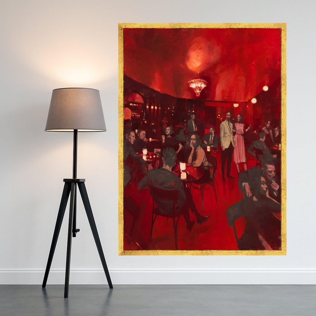 Vintage Nightclub Scene Canvas, Red Ambiance Wall Art, Social Gathering Painting, Elegant Cocktail Party Canvas, Retro Bar Ready To Hang,