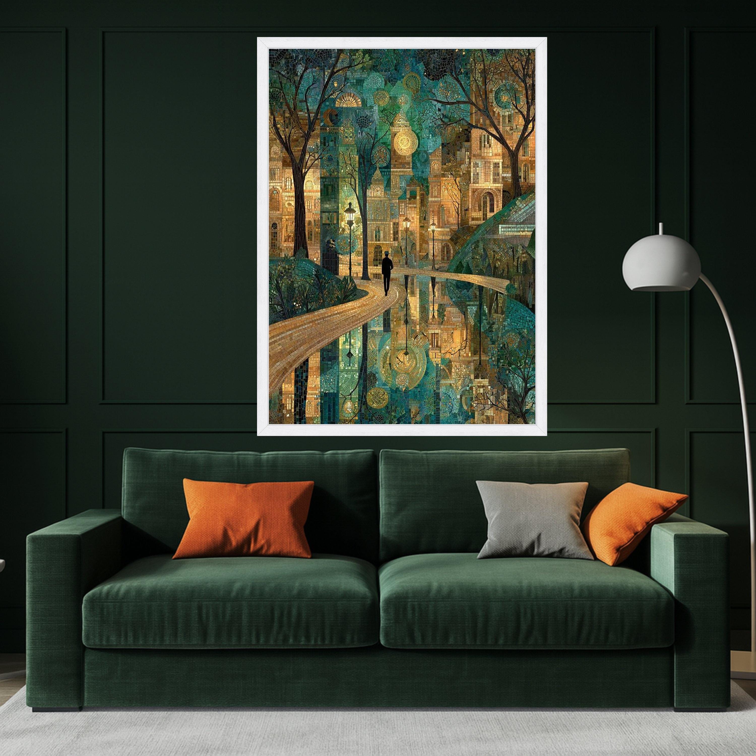Enchanted Cityscape Mosaic Canvas, Urban Nightscape Wall Art, Reflective Water Pathway, Artistic Landscape Decoration, Modern Ready To Hang,