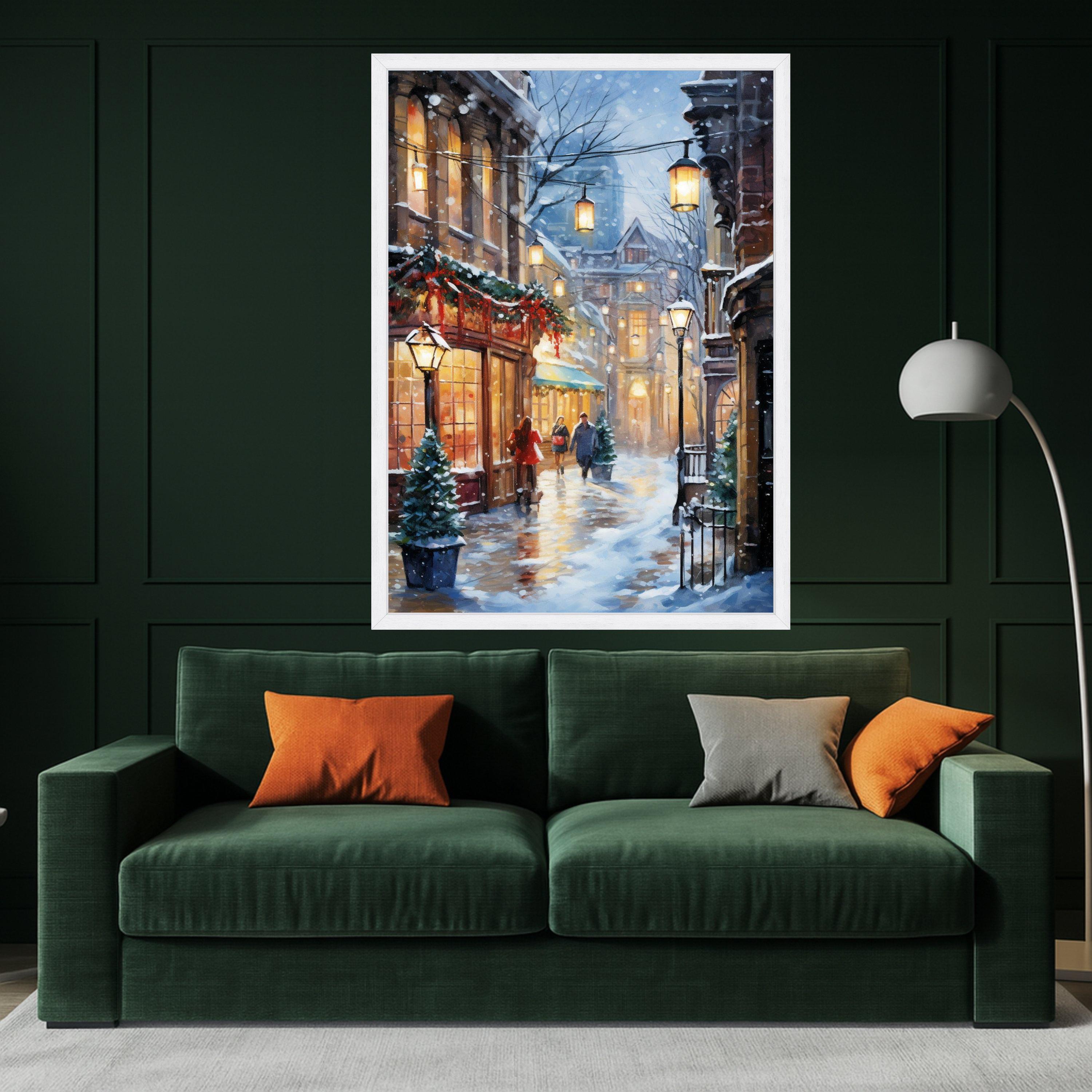 Cozy Winter Street Scene Canvas, Snowy Cityscape Wall Art, Holiday Lights Decor, Romantic Evening Painting, Warm Glow Canvas Ready To Hang,