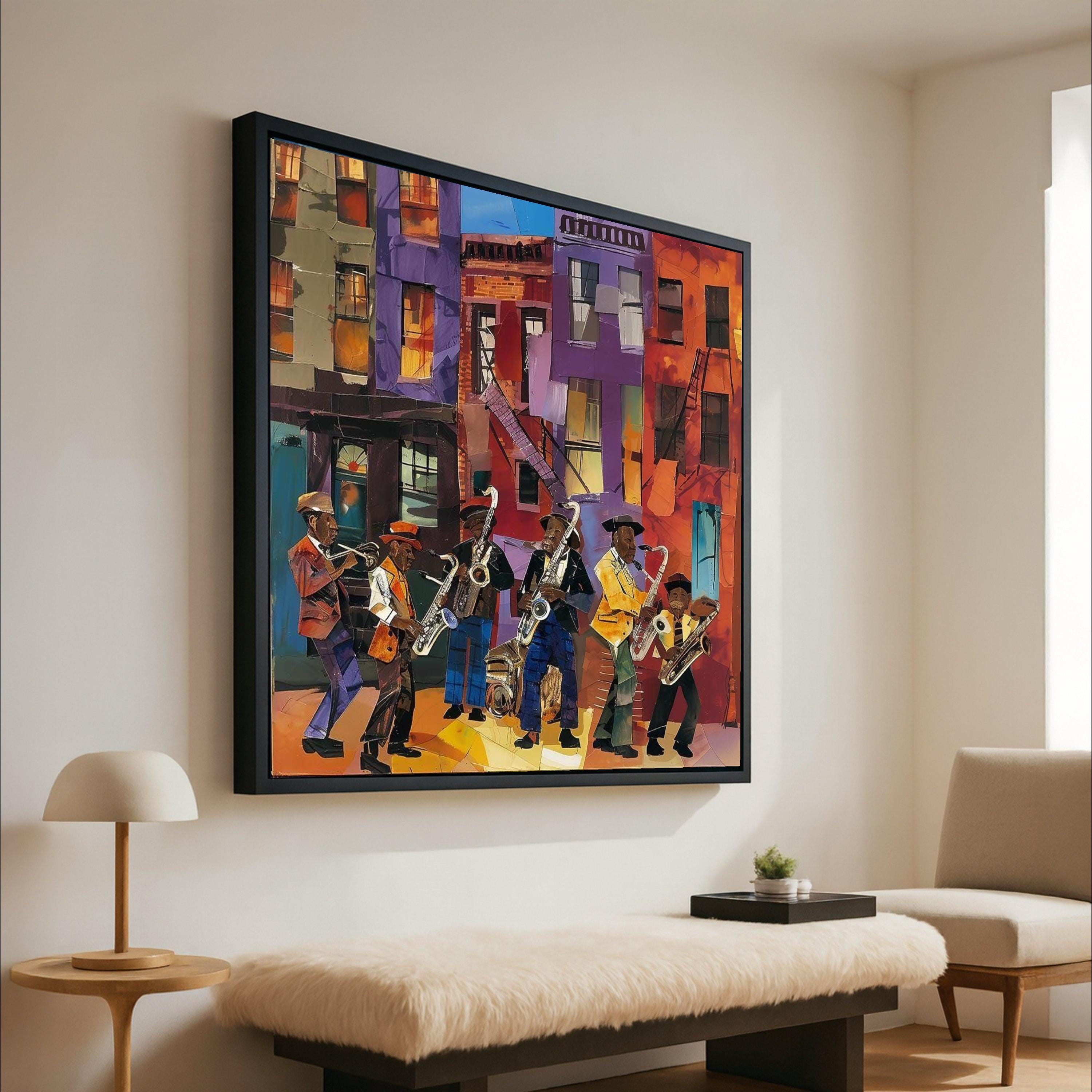 Vibrant Jazz Band Street Scene Canvas, Urban Music Wall Art, Colorful Cityscape Canvas, Musical Instruments Artwork, Home Ready To Hang,