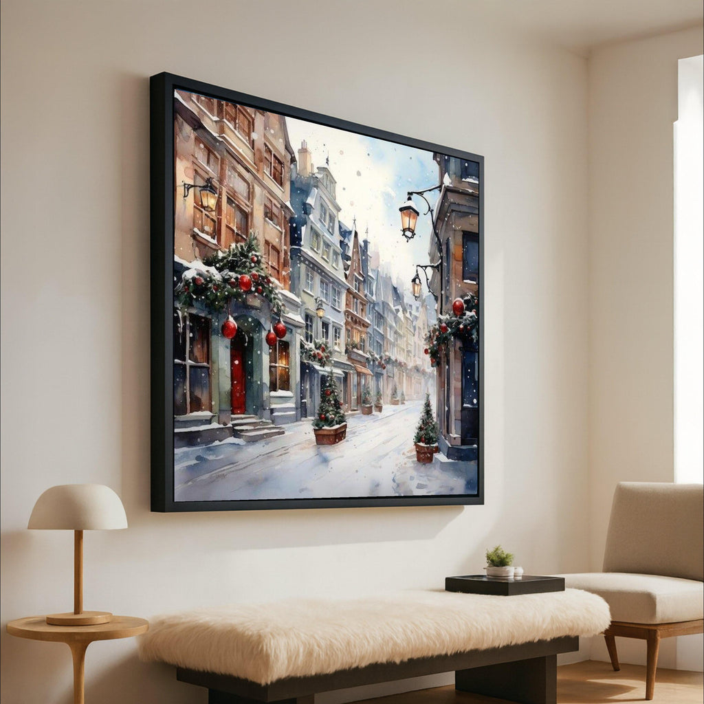 Cozy Winter Street Scene Canvas, Snowy Townscape Wall Art, Christmas Holiday Decor, Festive Urban Landscape Canvas, Seasonal Ready To Hang,