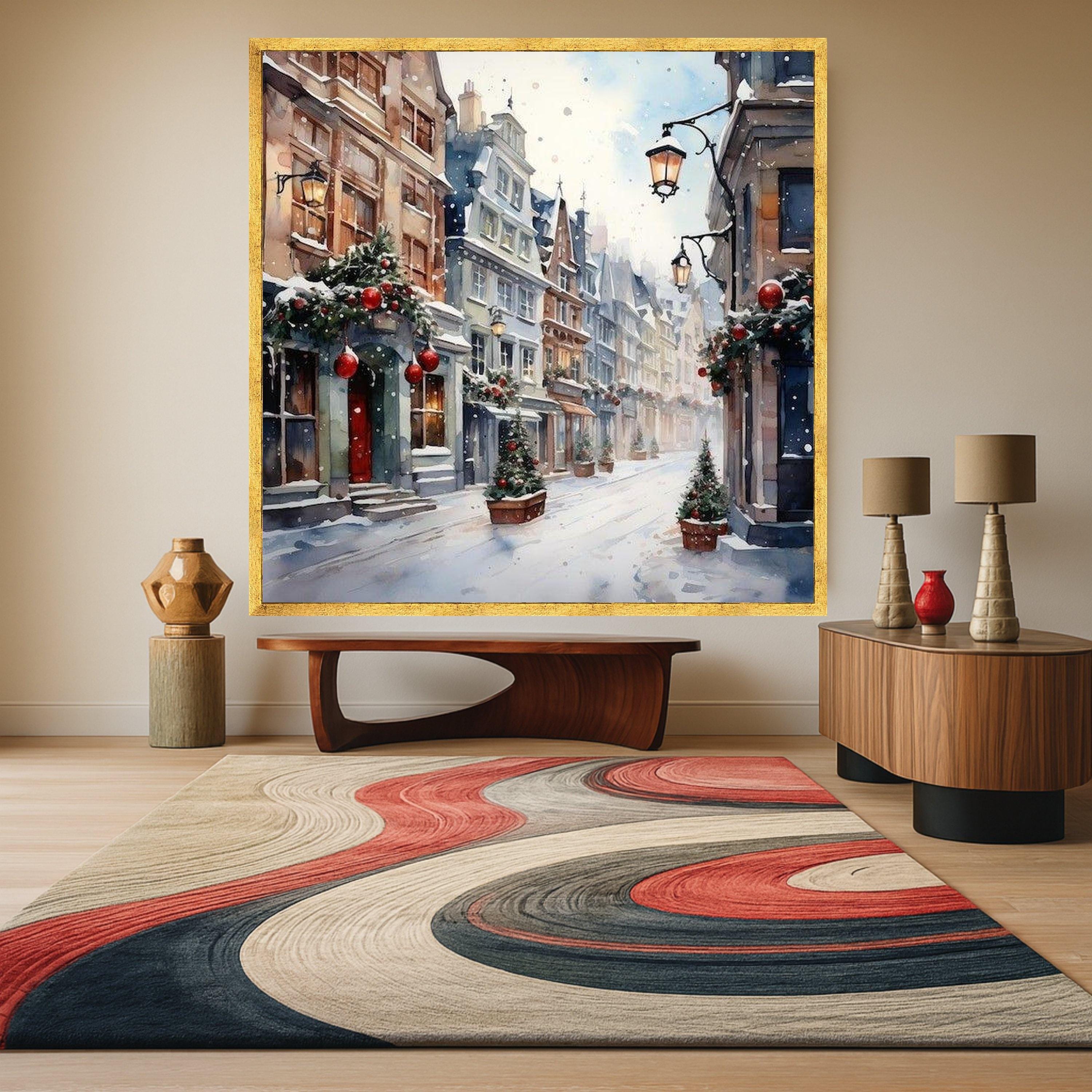 Cozy Winter Street Scene Canvas, Snowy Townscape Wall Art, Christmas Holiday Decor, Festive Urban Landscape Canvas, Seasonal Ready To Hang,