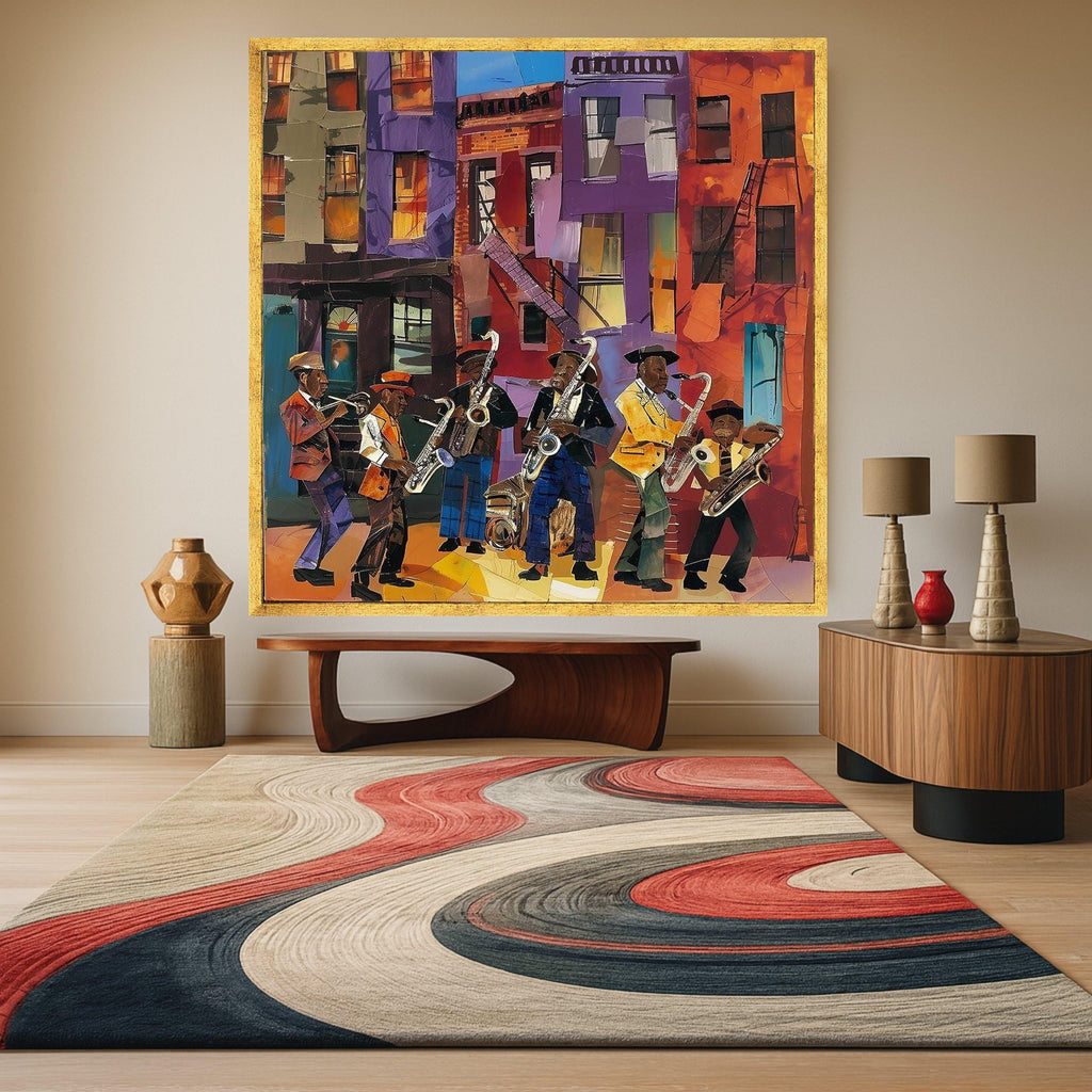 Vibrant Jazz Band Street Scene Canvas, Urban Music Wall Art, Colorful Cityscape Canvas, Musical Instruments Artwork, Home Ready To Hang,