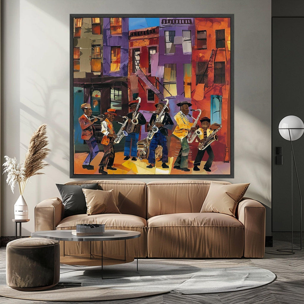 Vibrant Jazz Band Street Scene Canvas, Urban Music Wall Art, Colorful Cityscape Canvas, Musical Instruments Artwork, Home Ready To Hang,