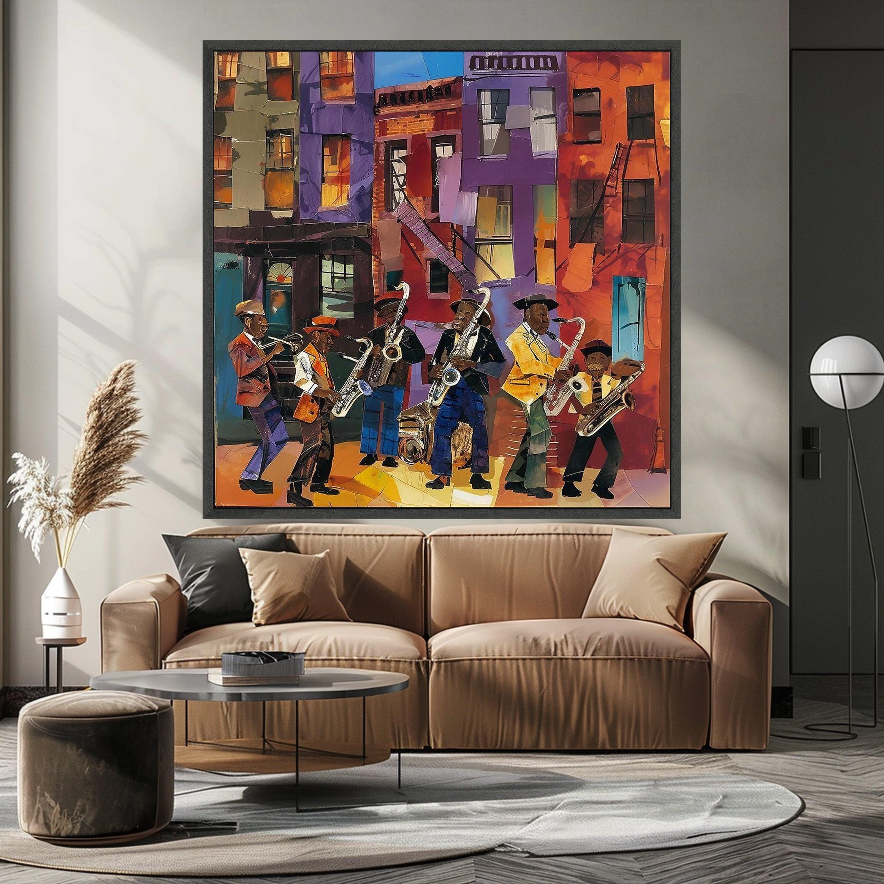 Vibrant Jazz Band Street Scene Canvas, Urban Music Wall Art, Colorful Cityscape Canvas, Musical Instruments Artwork, Home Ready To Hang,