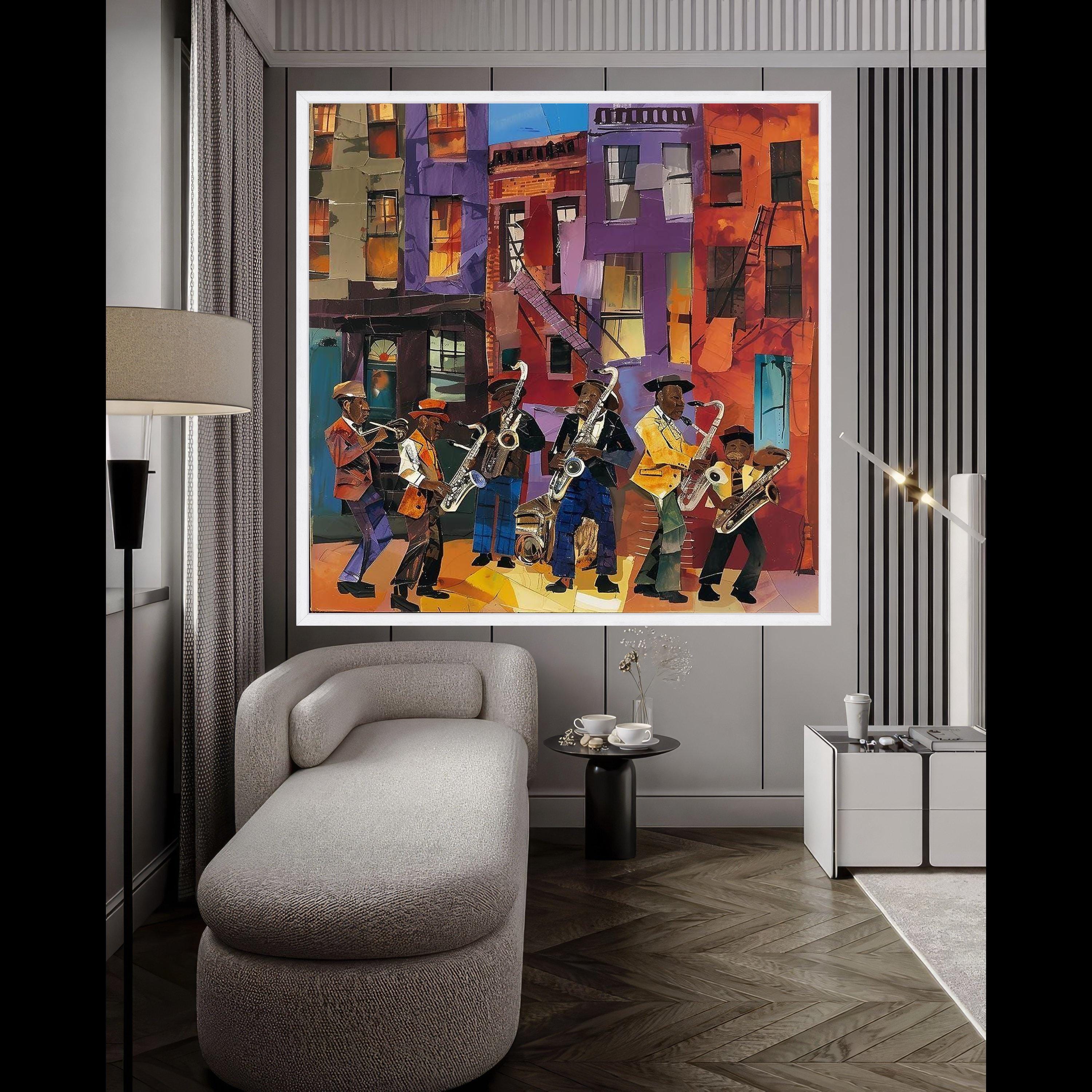 Vibrant Jazz Band Street Scene Canvas, Urban Music Wall Art, Colorful Cityscape Canvas, Musical Instruments Artwork, Home Ready To Hang,