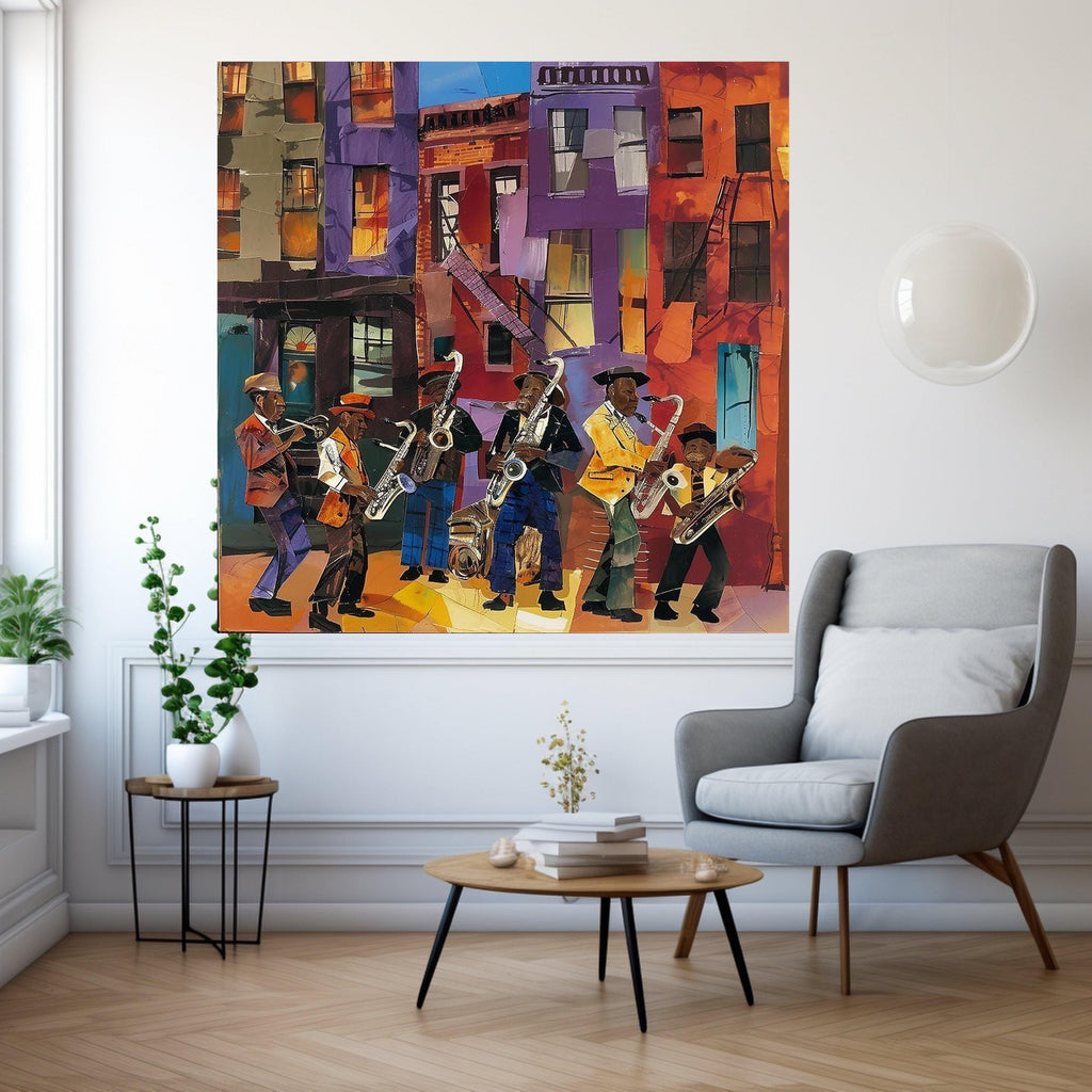 Vibrant Jazz Band Street Scene Canvas, Urban Music Wall Art, Colorful Cityscape Canvas, Musical Instruments Artwork, Home Ready To Hang,