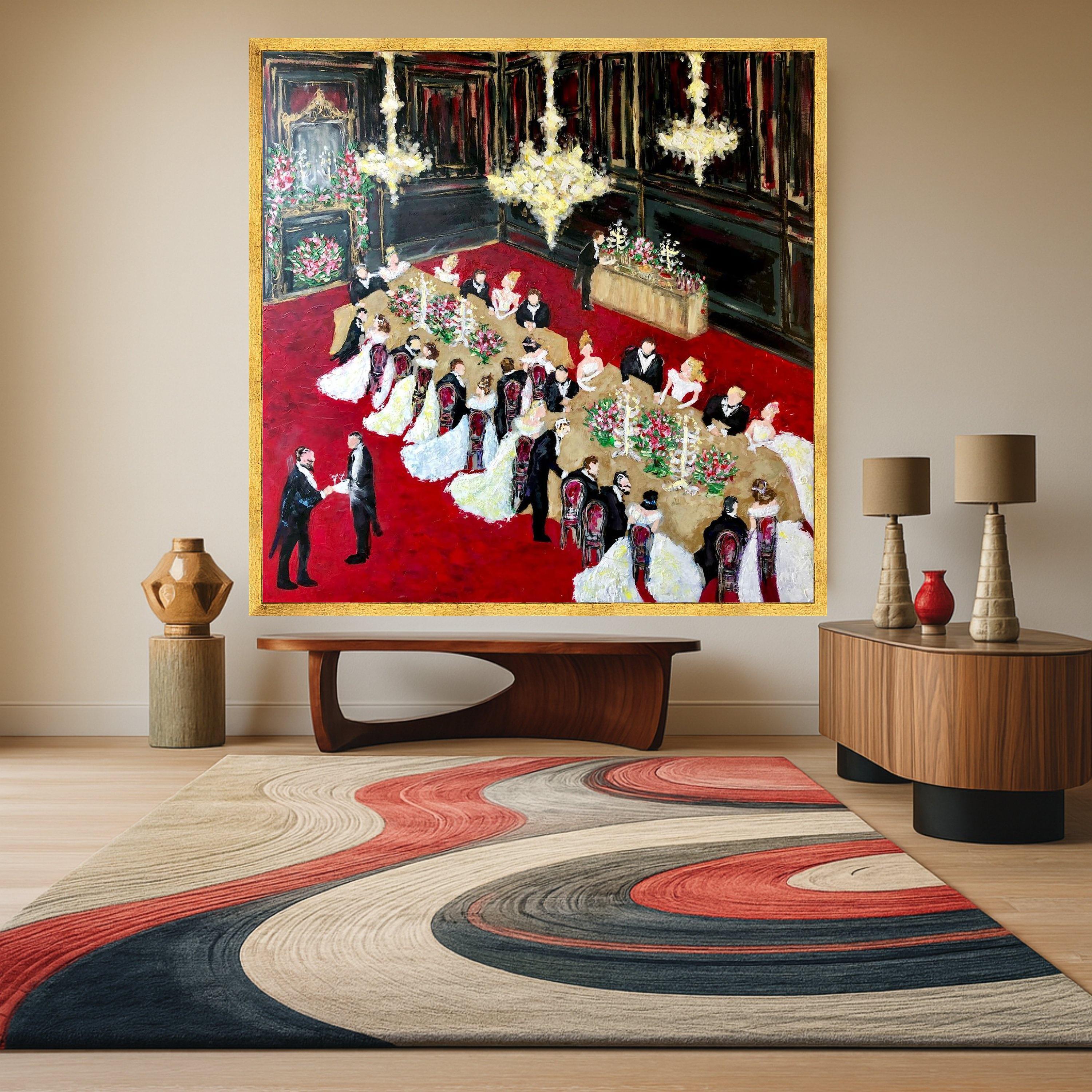 Elegant Victorian Banquet Scene Canvas, Formal Dinner Party Wall Art, Vintage Ballroom Celebration Painting, Classic Home Ready To Hang,