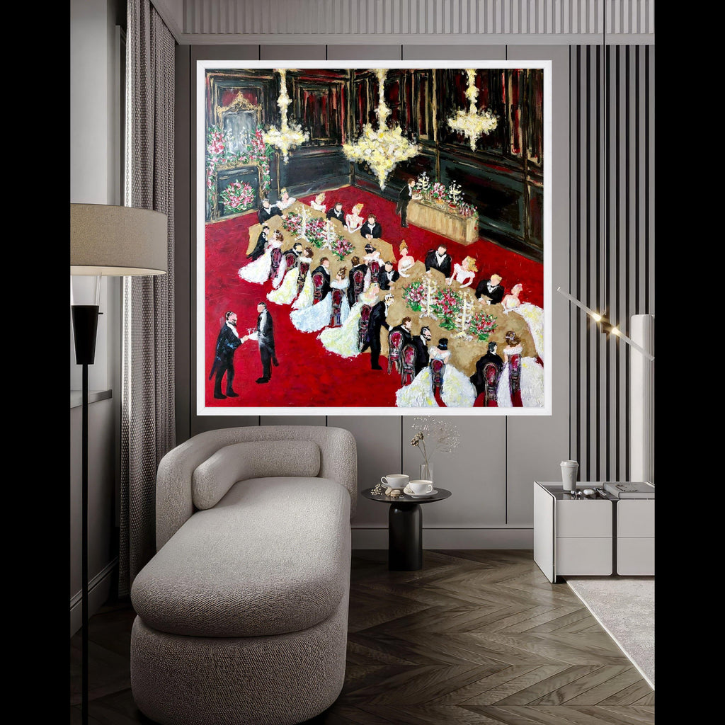 Elegant Victorian Banquet Scene Canvas, Formal Dinner Party Wall Art, Vintage Ballroom Celebration Painting, Classic Home Ready To Hang,