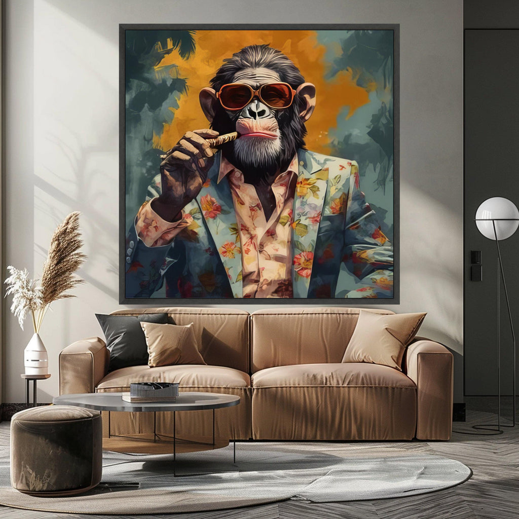 Cool Chimpanzee Canvas Print – Funky Animal Wall Art Ready to Hang – Bold Pop Wall Decor – Humorous Wall Decoration