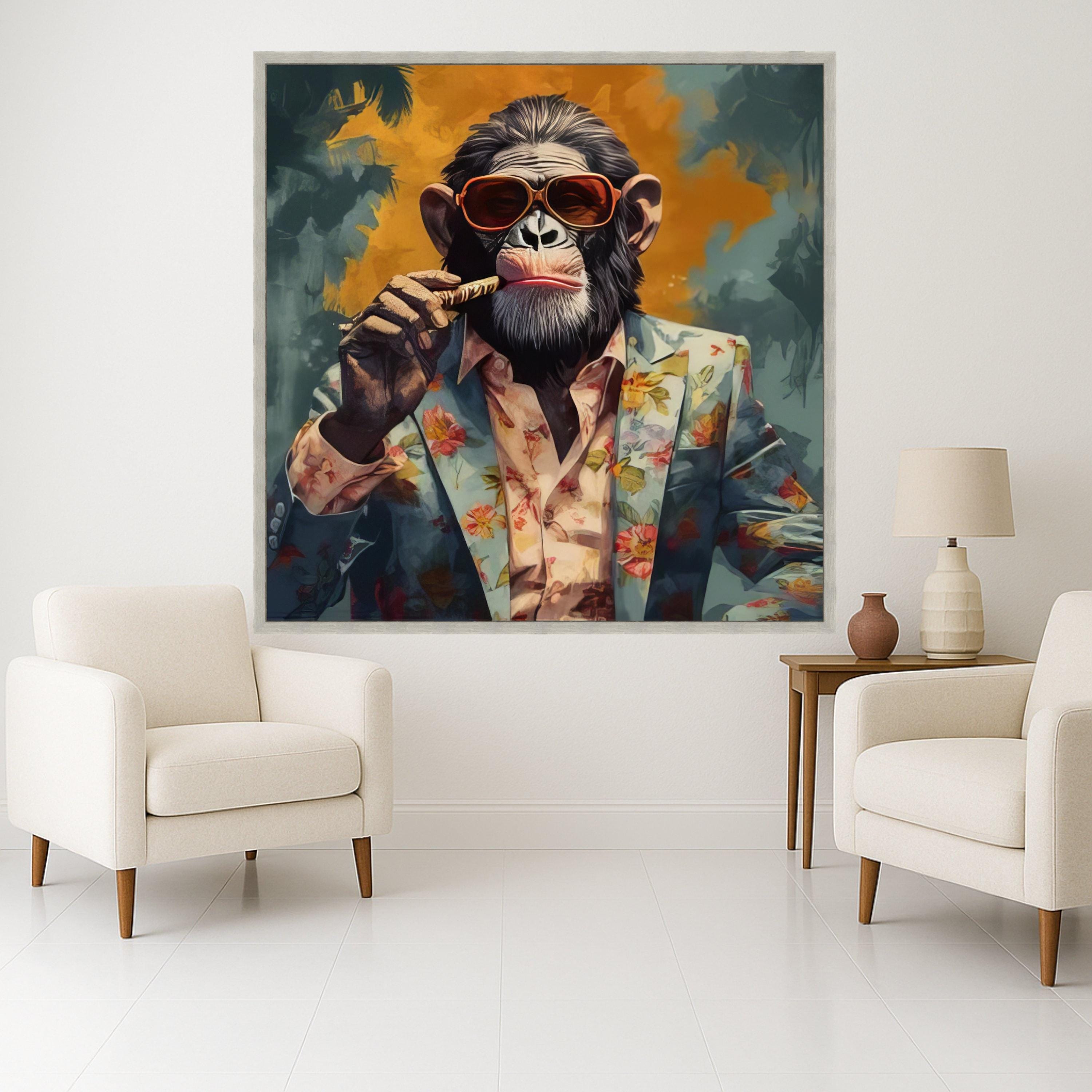 Cool Chimpanzee Canvas Print – Funky Animal Wall Art Ready to Hang – Bold Pop Wall Decor – Humorous Wall Decoration