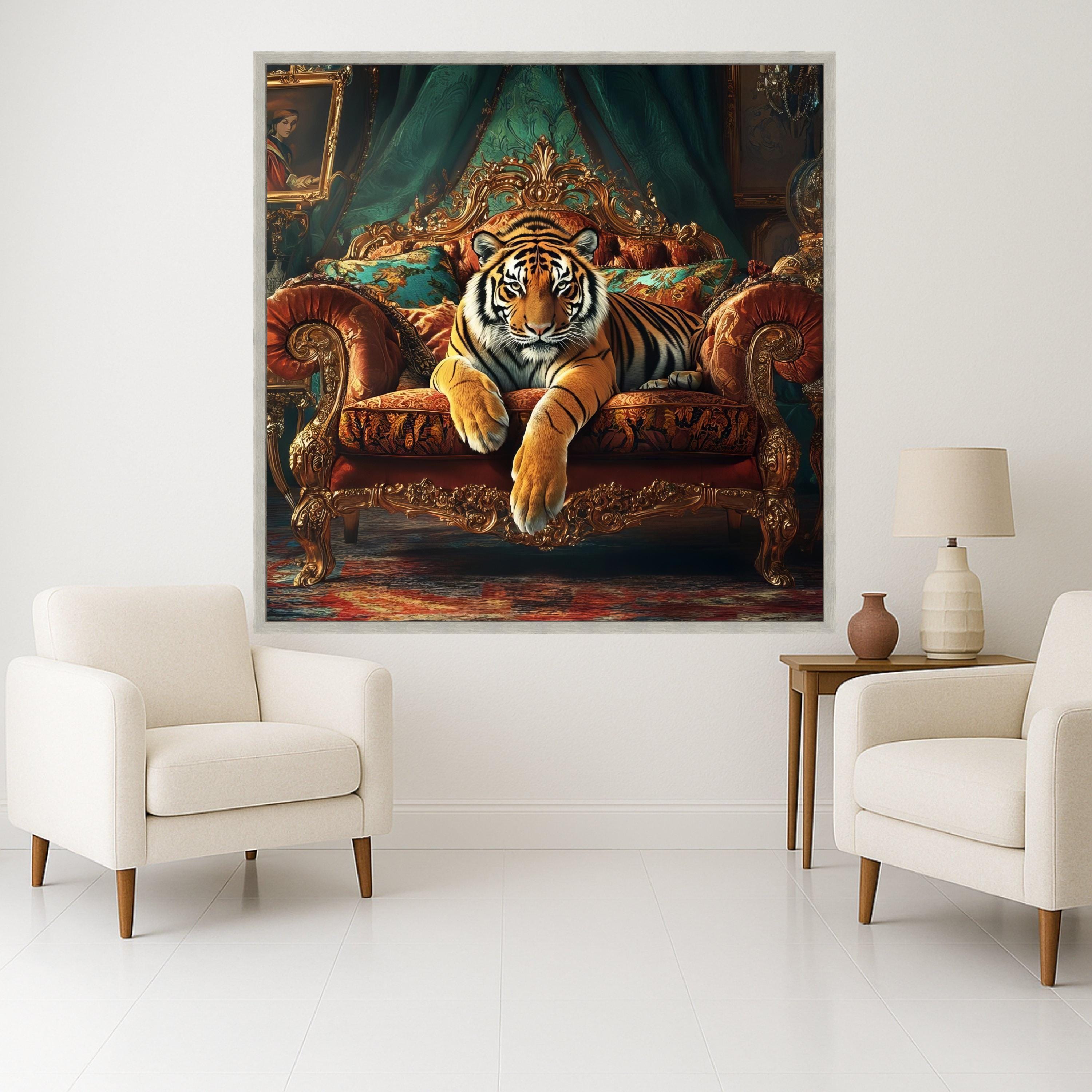 Tiger on Royal Sofa Canvas Print – Luxury Jungle Wall Art Ready to Hang – Bold Animal Wall Decor – Statement Wall Decoration