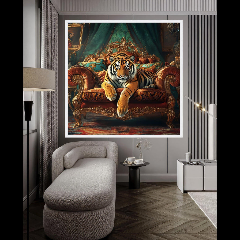 Tiger on Royal Sofa Canvas Print – Luxury Jungle Wall Art Ready to Hang – Bold Animal Wall Decor – Statement Wall Decoration