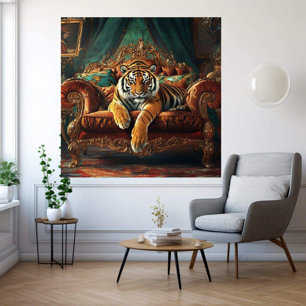 Tiger on Royal Sofa Canvas Print – Luxury Jungle Wall Art Ready to Hang – Bold Animal Wall Decor – Statement Wall Decoration