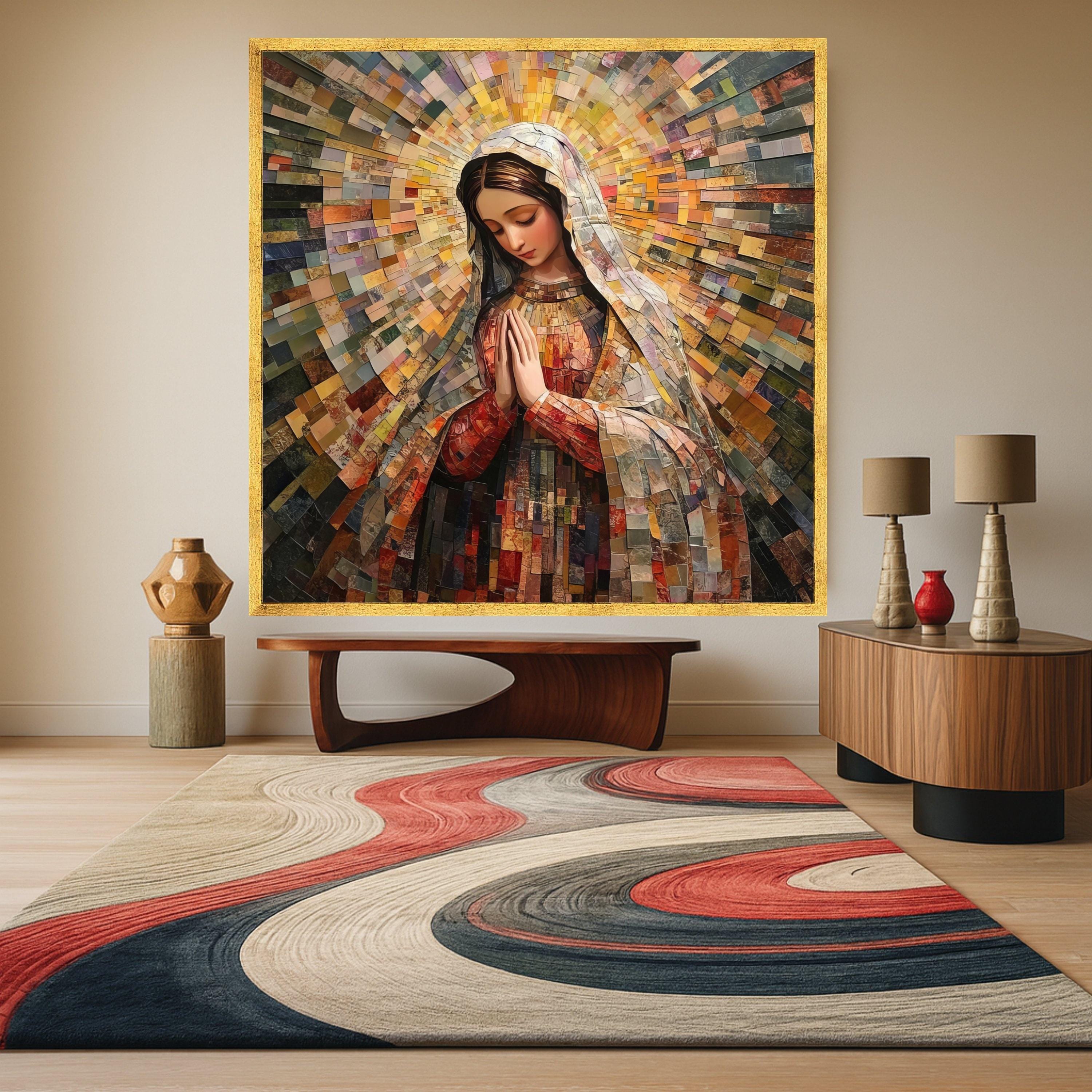 Virgin Mary Mosaic Canvas Print – Religious Wall Art Ready to Hang – Catholic Wall Decor – Sacred Christian Wall Decoration