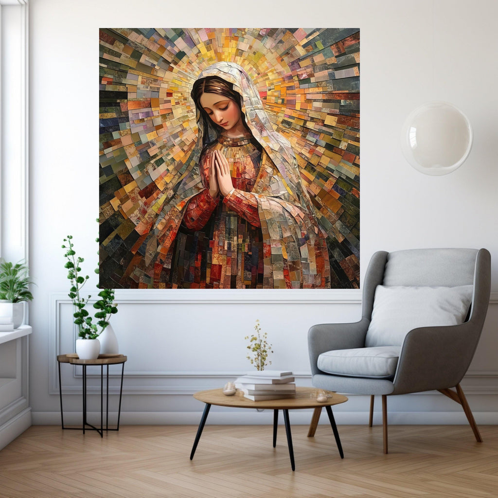 Virgin Mary Mosaic Canvas Print – Religious Wall Art Ready to Hang – Catholic Wall Decor – Sacred Christian Wall Decoration