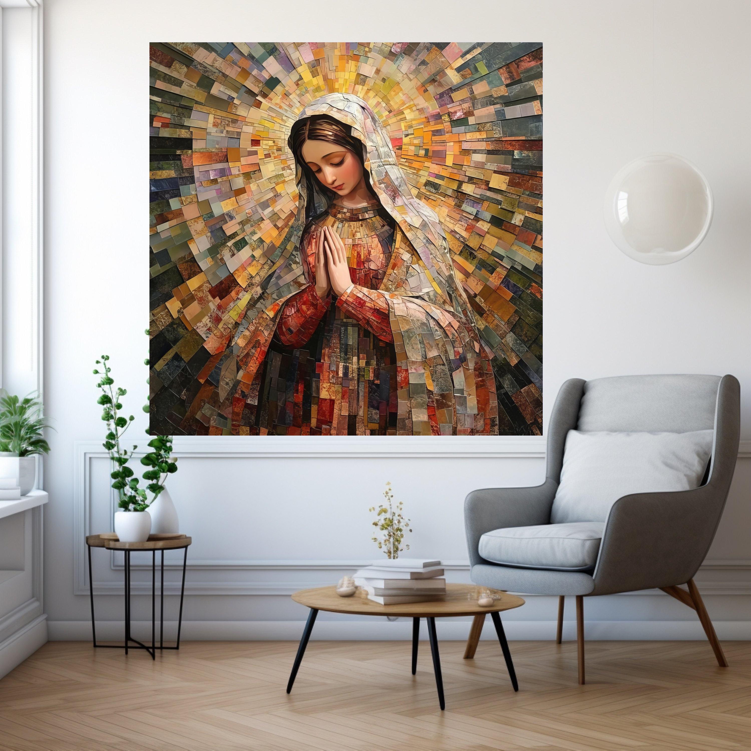 Virgin Mary Mosaic Canvas Print – Religious Wall Art Ready to Hang – Catholic Wall Decor – Sacred Christian Wall Decoration