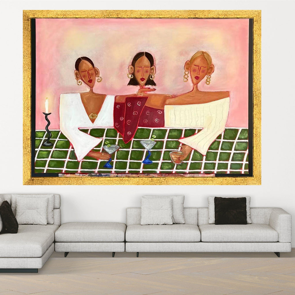 Modern Abstract Ladies Canvas, Stylish Women Drinking Wine, Contemporary Figurative Wall Art, Colorful Social Scene Canvas, Ready To Hang,