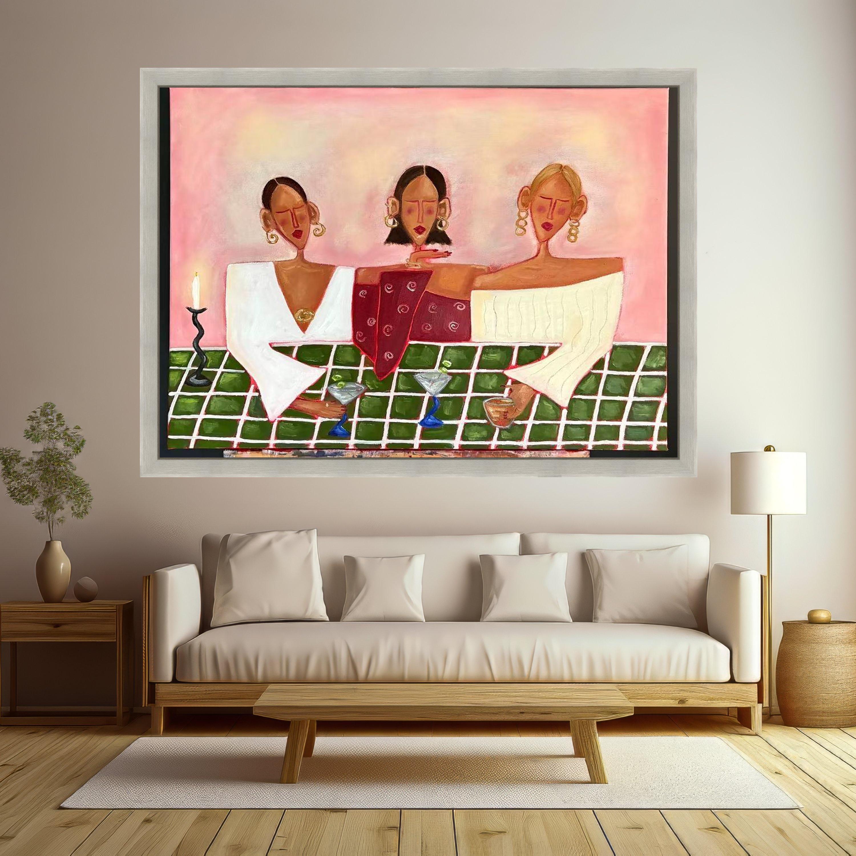 Modern Abstract Ladies Canvas, Stylish Women Drinking Wine, Contemporary Figurative Wall Art, Colorful Social Scene Canvas, Ready To Hang,