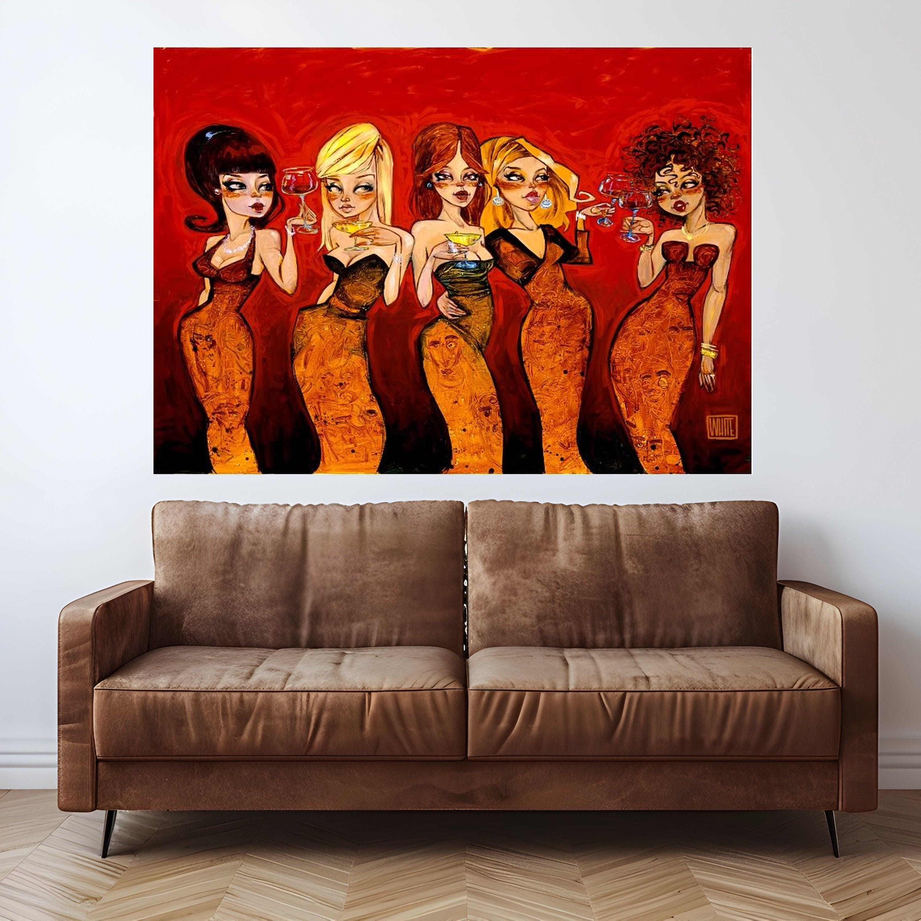 Elegant Ladies Cheers Canvas, Cocktail Party Wall Art, Glamorous Women in Evening Dresses, Modern Social Scene Canvas, Ready To Hang,