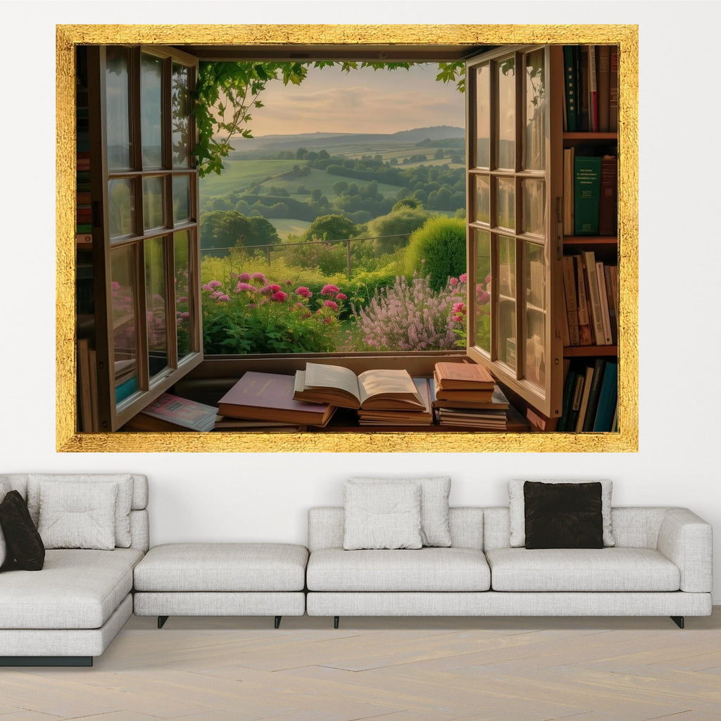 Scenic Countryside View Canvas, Open Window Wall Art, Floral Garden Landscape, Nature Canvas Print, Cozy Reading Nook Decor Ready To Hang,