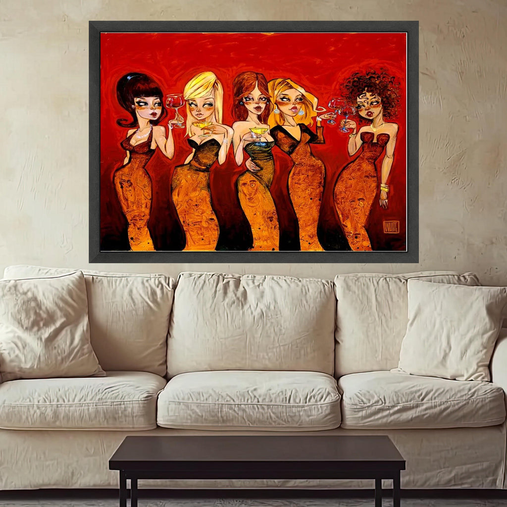 Elegant Ladies Cheers Canvas, Cocktail Party Wall Art, Glamorous Women in Evening Dresses, Modern Social Scene Canvas, Ready To Hang,