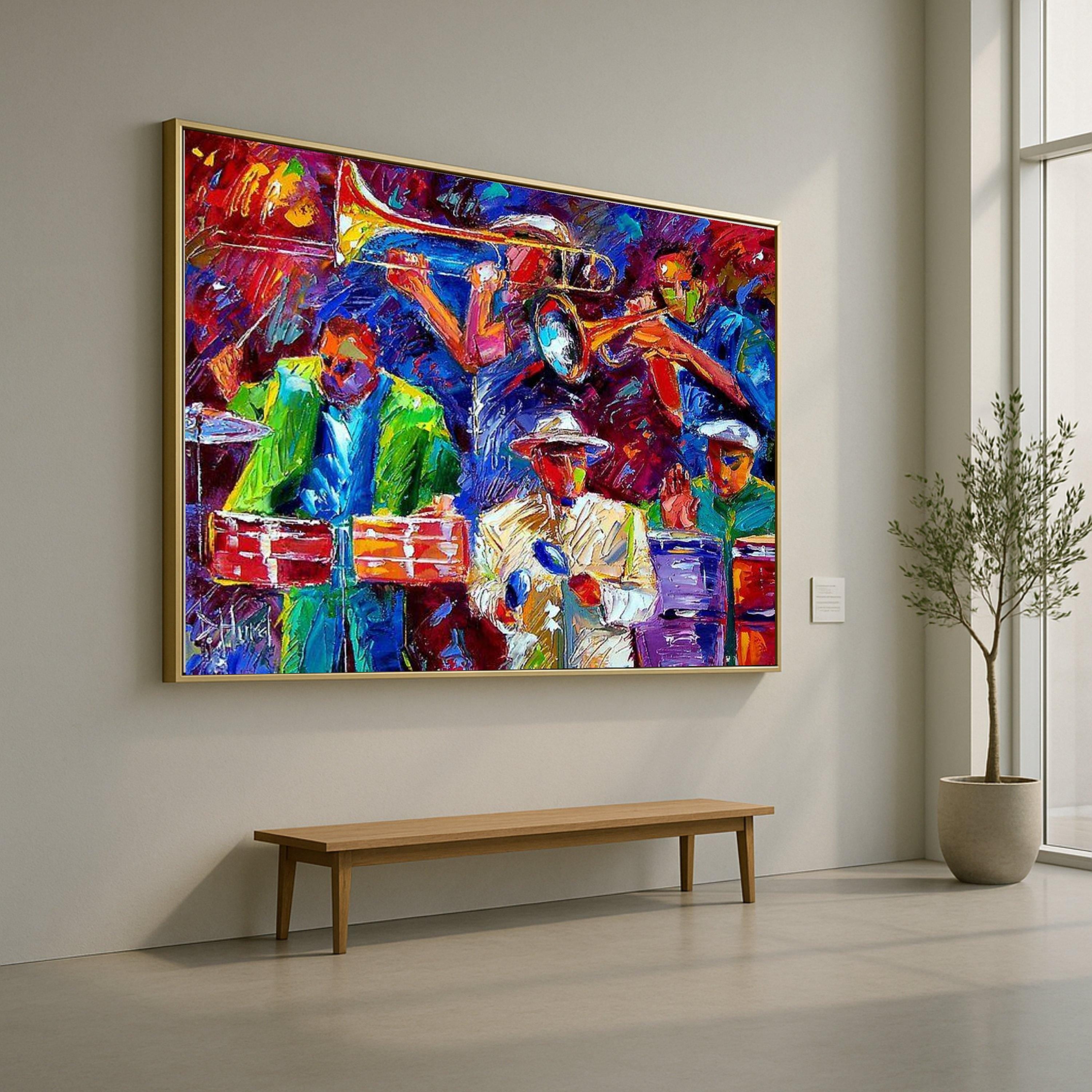 Vibrant Jazz Band Canvas, Colorful Music Wall Art, Abstract Saxophone and Trumpet Painting, Modern Canvas Decoration, Live Ready To Hang,