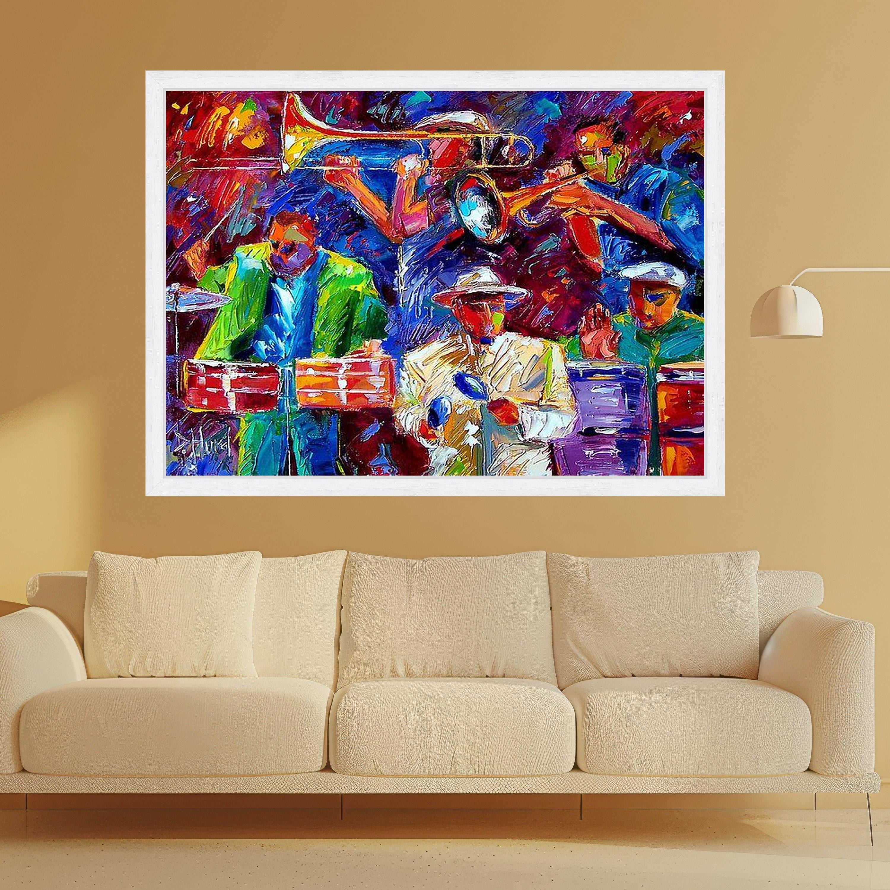 Vibrant Jazz Band Canvas, Colorful Music Wall Art, Abstract Saxophone and Trumpet Painting, Modern Canvas Decoration, Live Ready To Hang,