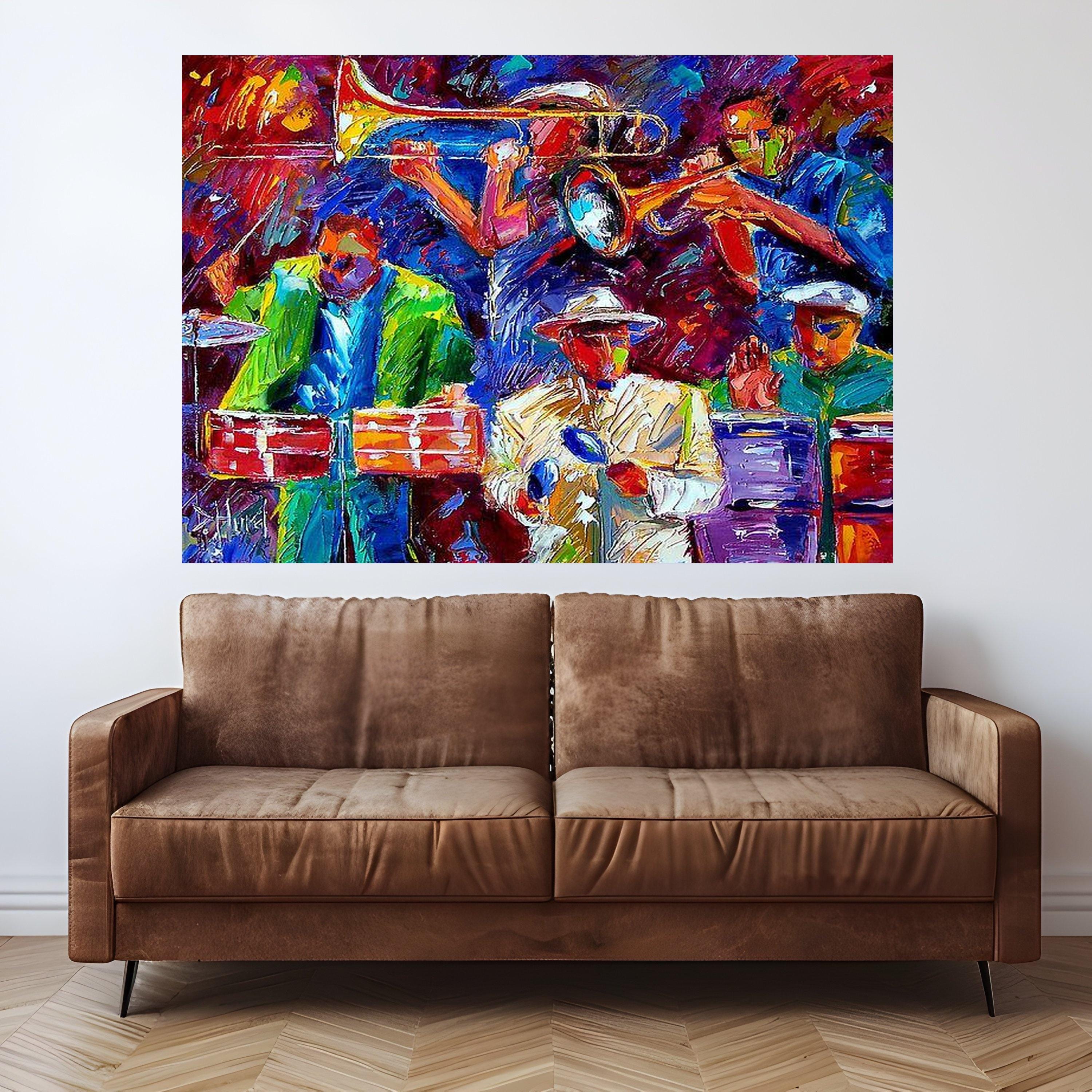 Vibrant Jazz Band Canvas, Colorful Music Wall Art, Abstract Saxophone and Trumpet Painting, Modern Canvas Decoration, Live Ready To Hang,