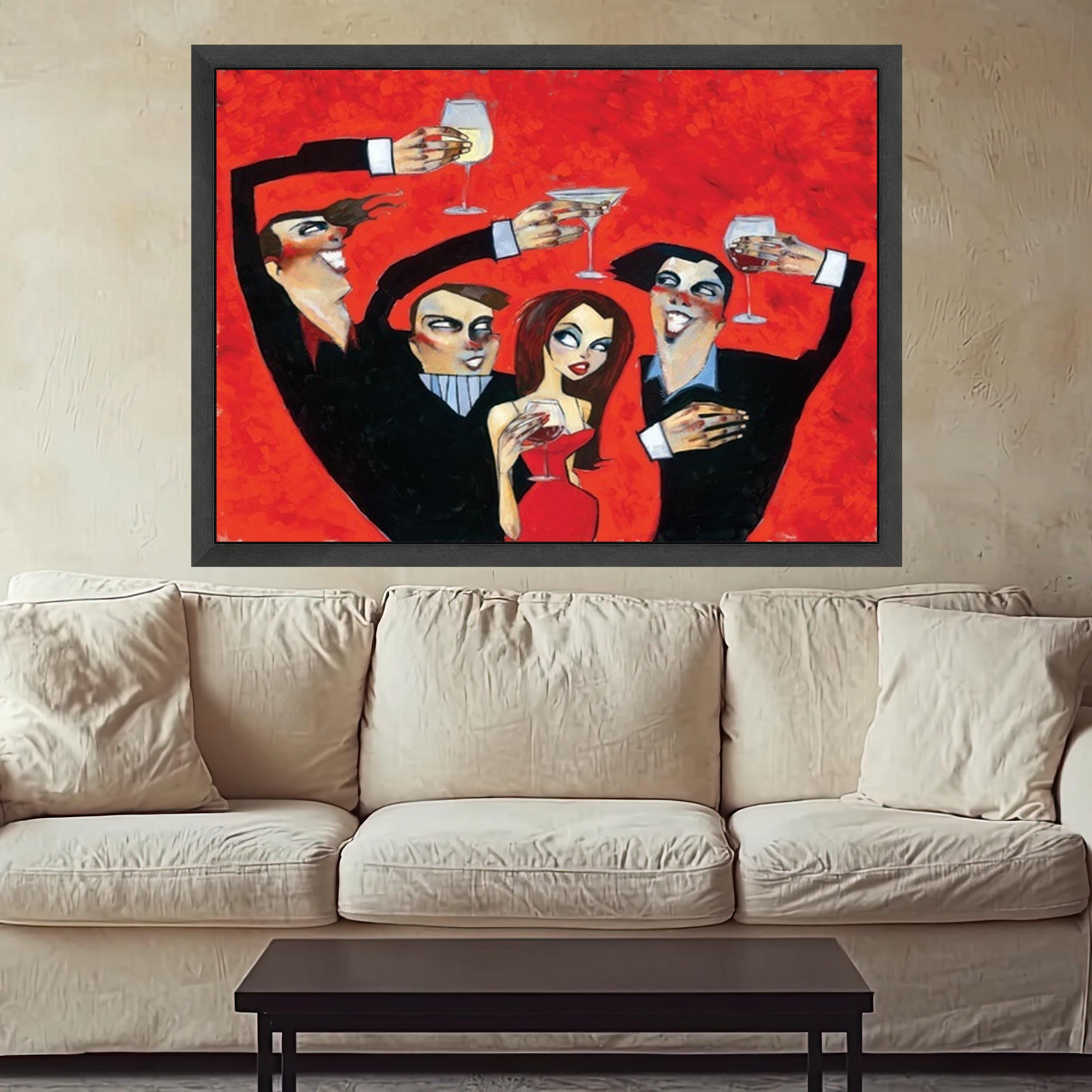 Elegant Party Cheers Canvas, Vintage Style Celebration Wall Art, Red Background Artwork, Wine and Cocktail Toast, Home Bar Ready To Hang,