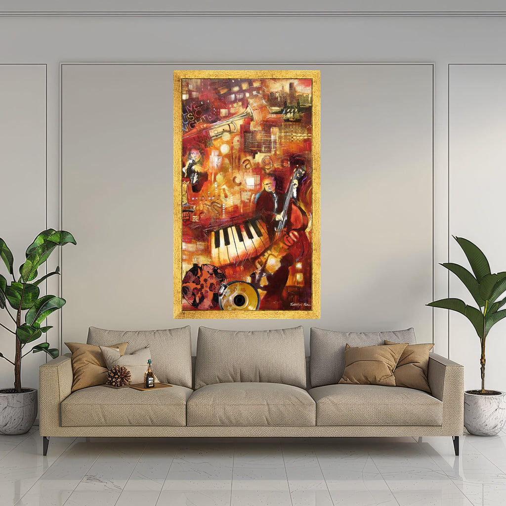 Vibrant Jazz Night Scene Canvas, Musical Instruments Art, Blues Club Wall Decor, Cityscape Music Theme, Live Performance Ready To Hang,