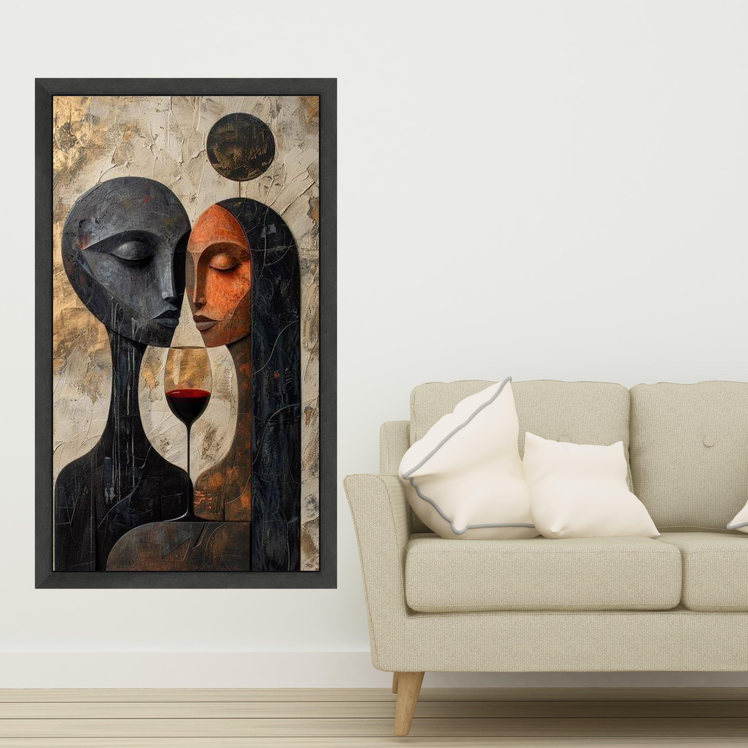 Abstract Couple with Wine Glass Canvas, Modern Romantic Wall Art, Contemporary Faces Painting, Love Decor, Ready to Hang Ready To Hang,