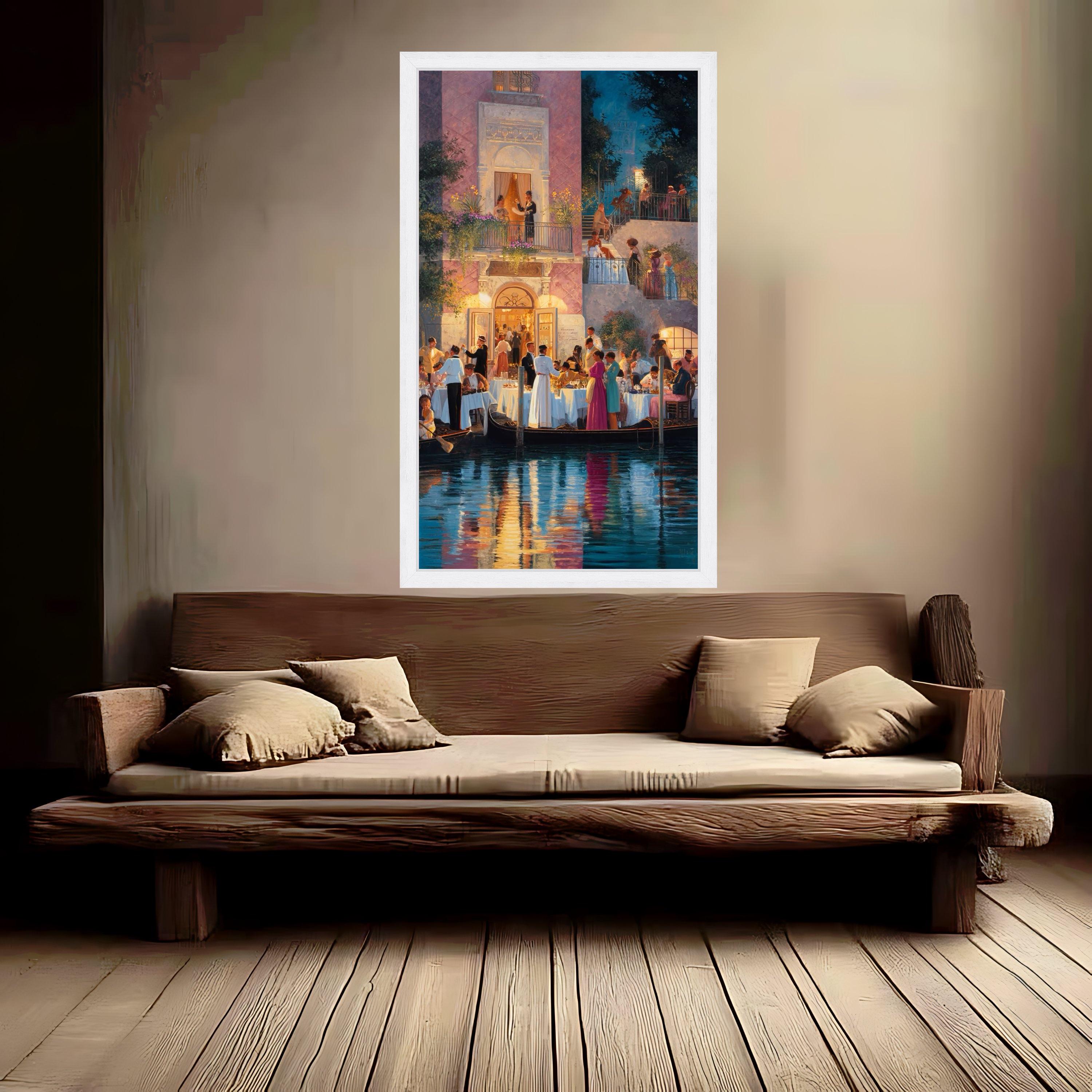 Venetian Evening Celebration, Canal Dining Scene Canvas, Romantic Italy Wall Art, Vintage Social Gathering Canvas, Elegant Ready To Hang,