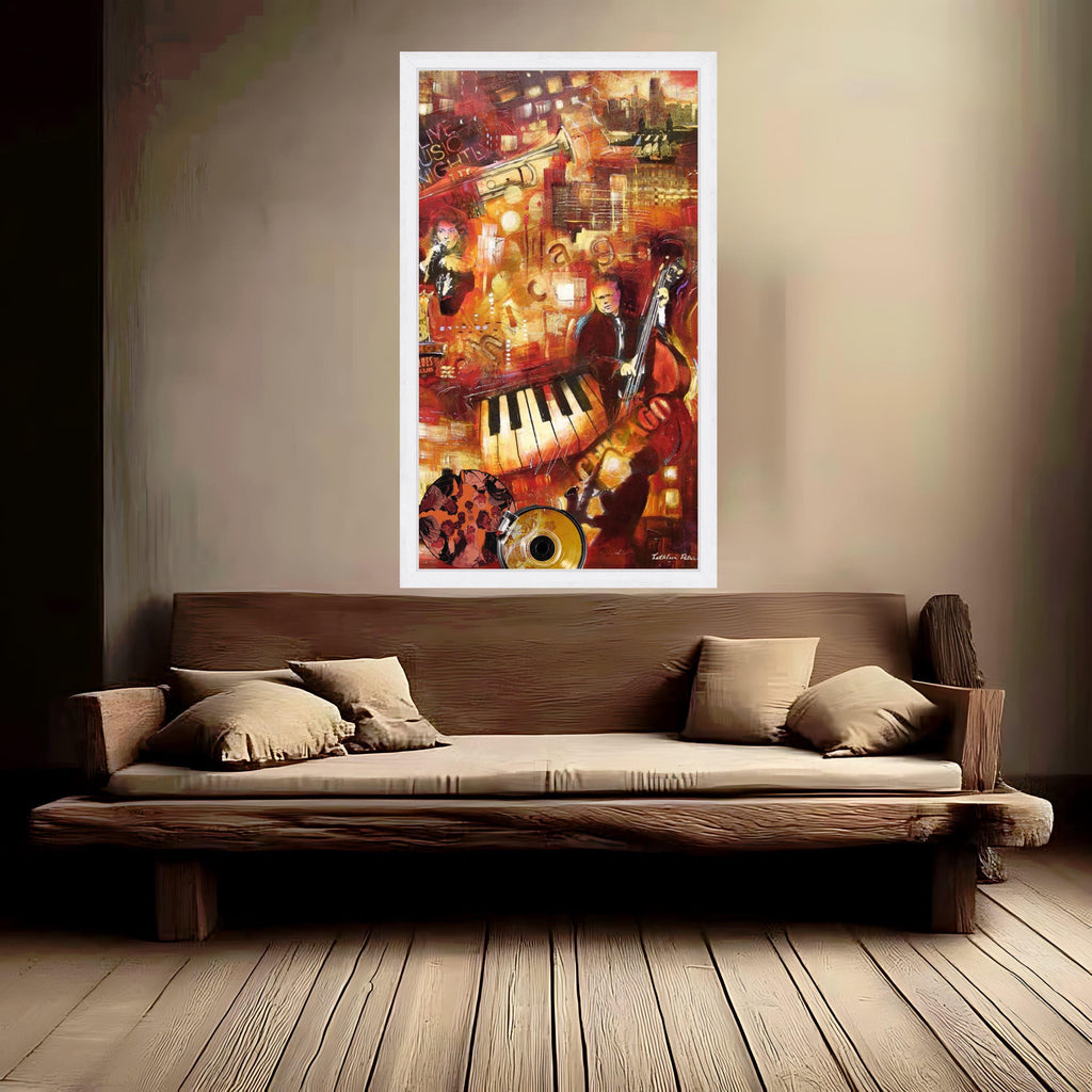 Vibrant Jazz Night Scene Canvas, Musical Instruments Art, Blues Club Wall Decor, Cityscape Music Theme, Live Performance Ready To Hang,