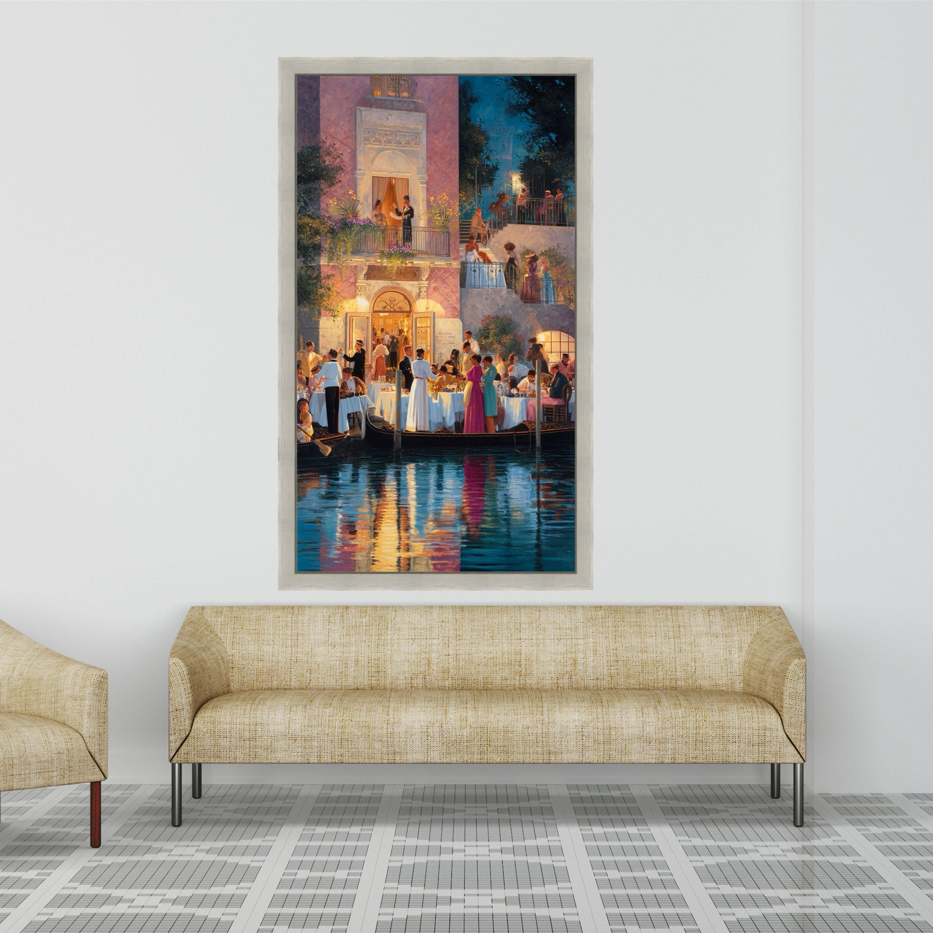 Venetian Evening Celebration, Canal Dining Scene Canvas, Romantic Italy Wall Art, Vintage Social Gathering Canvas, Elegant Ready To Hang,