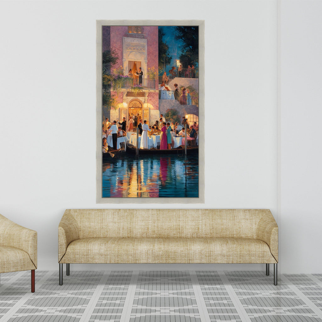 Venetian Evening Celebration, Canal Dining Scene Canvas, Romantic Italy Wall Art, Vintage Social Gathering Canvas, Elegant Ready To Hang,
