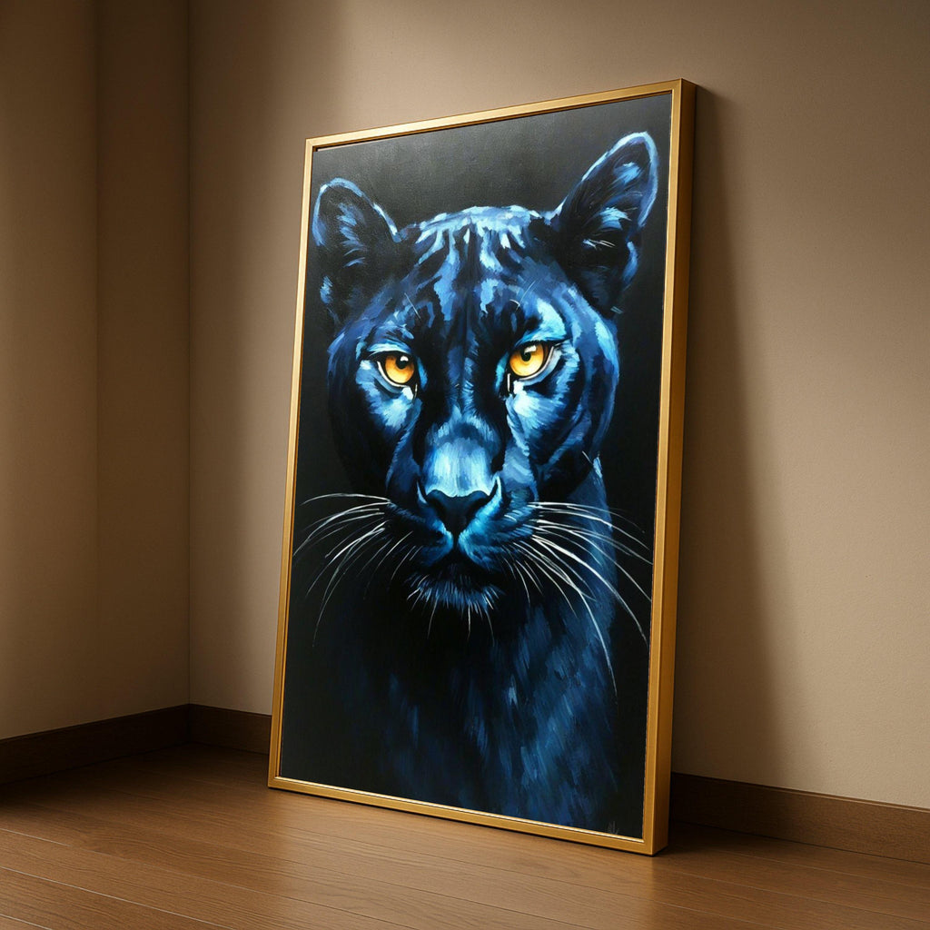 Majestic Black Panther Canvas Wall Art, Blue Toned Animal Portrait, Fierce Wildlife Home Decor, Big Cat Face Painting, Ready Ready To Hang,