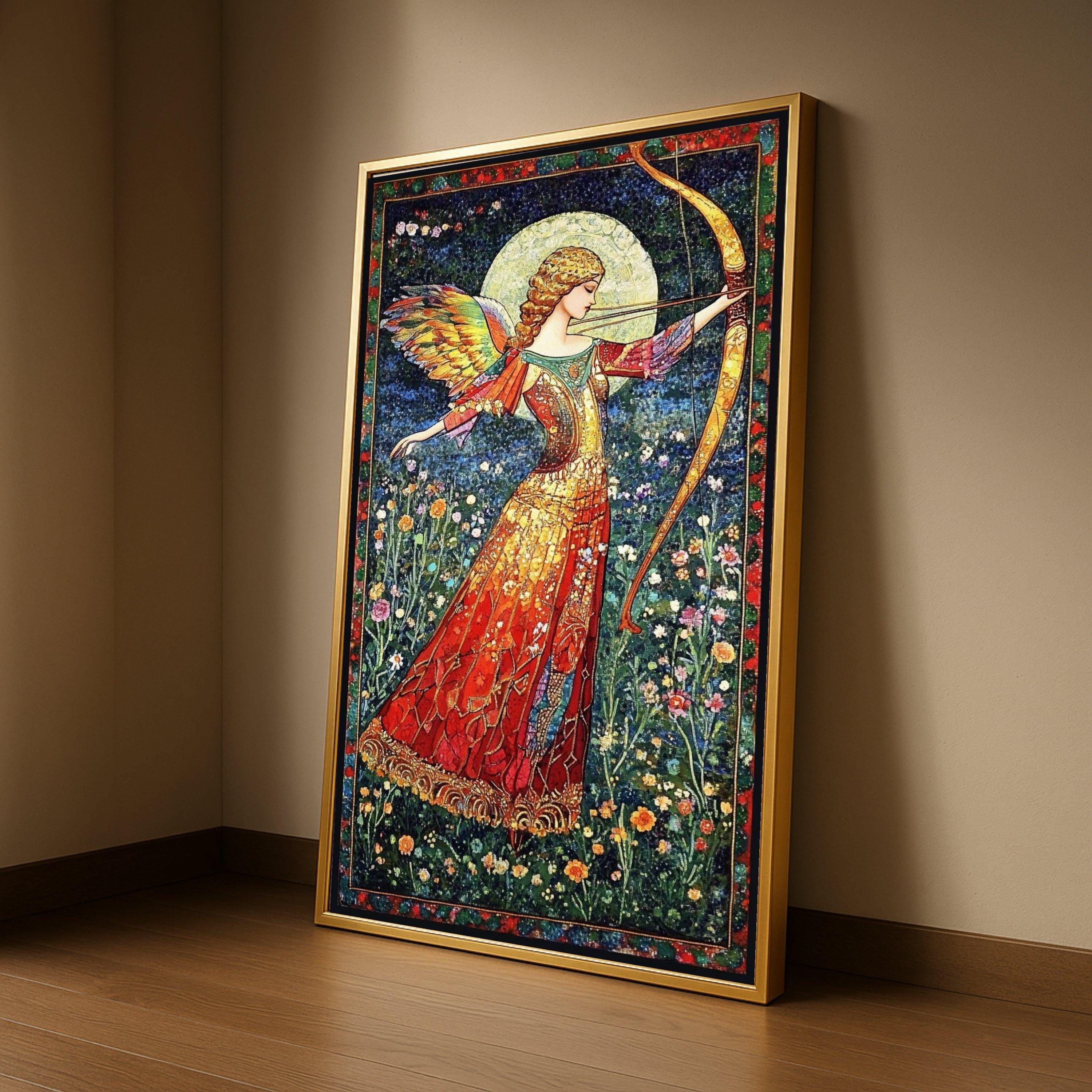 Angelic Archer in Floral Meadow Canvas, Fantasy Wall Art, Mythical Bow and Arrow Painting, Vibrant Winged Figure, Elegant Ready To Hang,