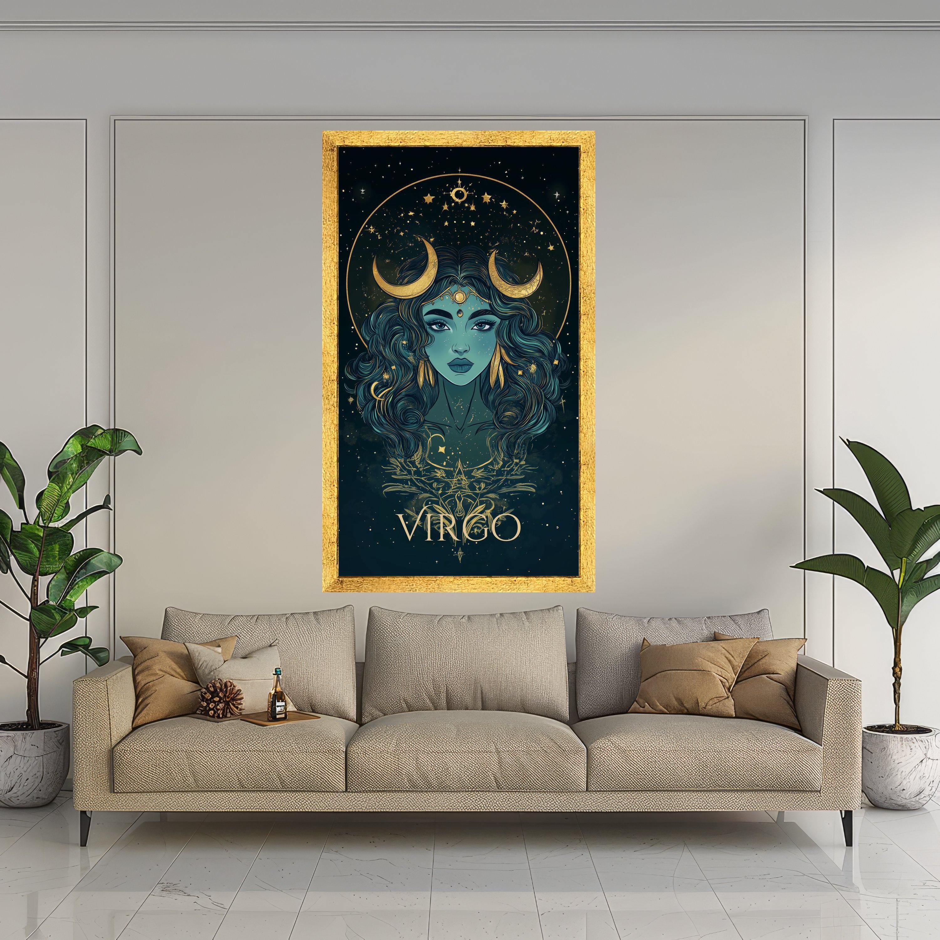 Mystic Virgo Zodiac Canvas Wall Art, Astrology Portrait Print, Celestial Horoscope Decoration, Woman with Crescent Moon, Ready To Hang,
