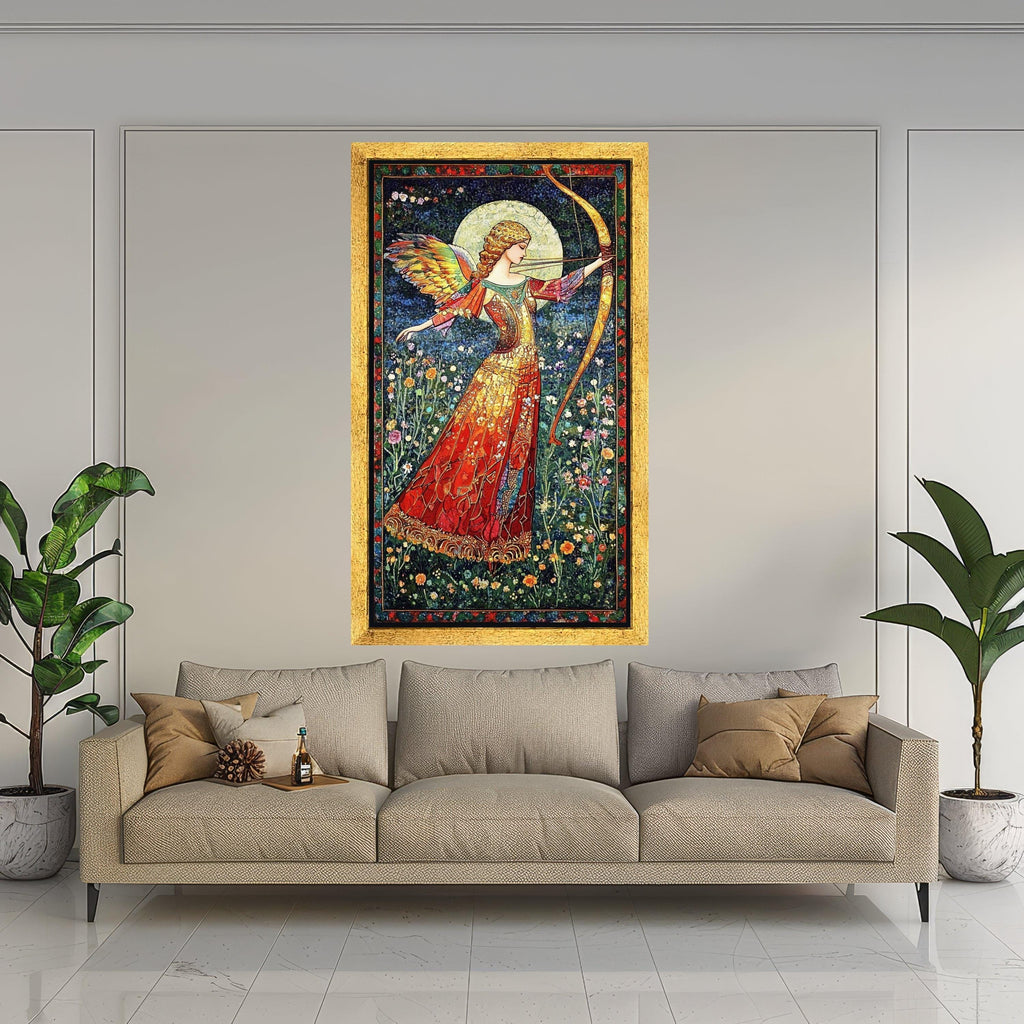 Angelic Archer in Floral Meadow Canvas, Fantasy Wall Art, Mythical Bow and Arrow Painting, Vibrant Winged Figure, Elegant Ready To Hang,