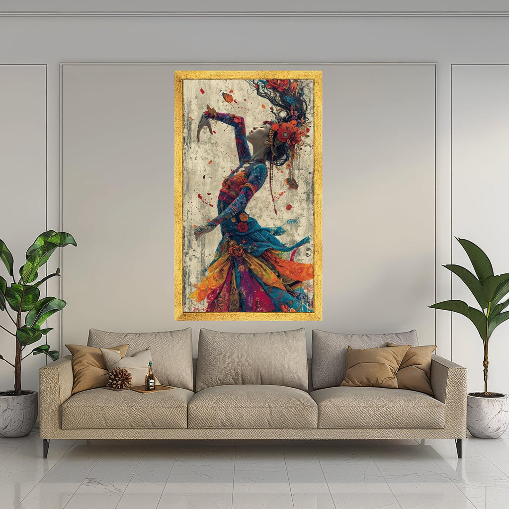 Enchanted Dance Woman, Colorful Floral Dress Canvas, Artistic Portrait Wall Art, Bohemian Style Canvas, Vibrant Home Ready To Hang,