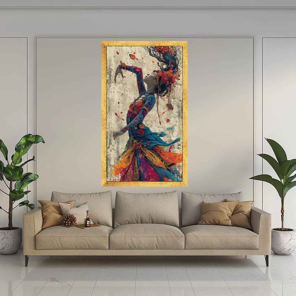 Enchanted Dance Woman, Colorful Floral Dress Canvas, Artistic Portrait Wall Art, Bohemian Style Canvas, Vibrant Home Ready To Hang,