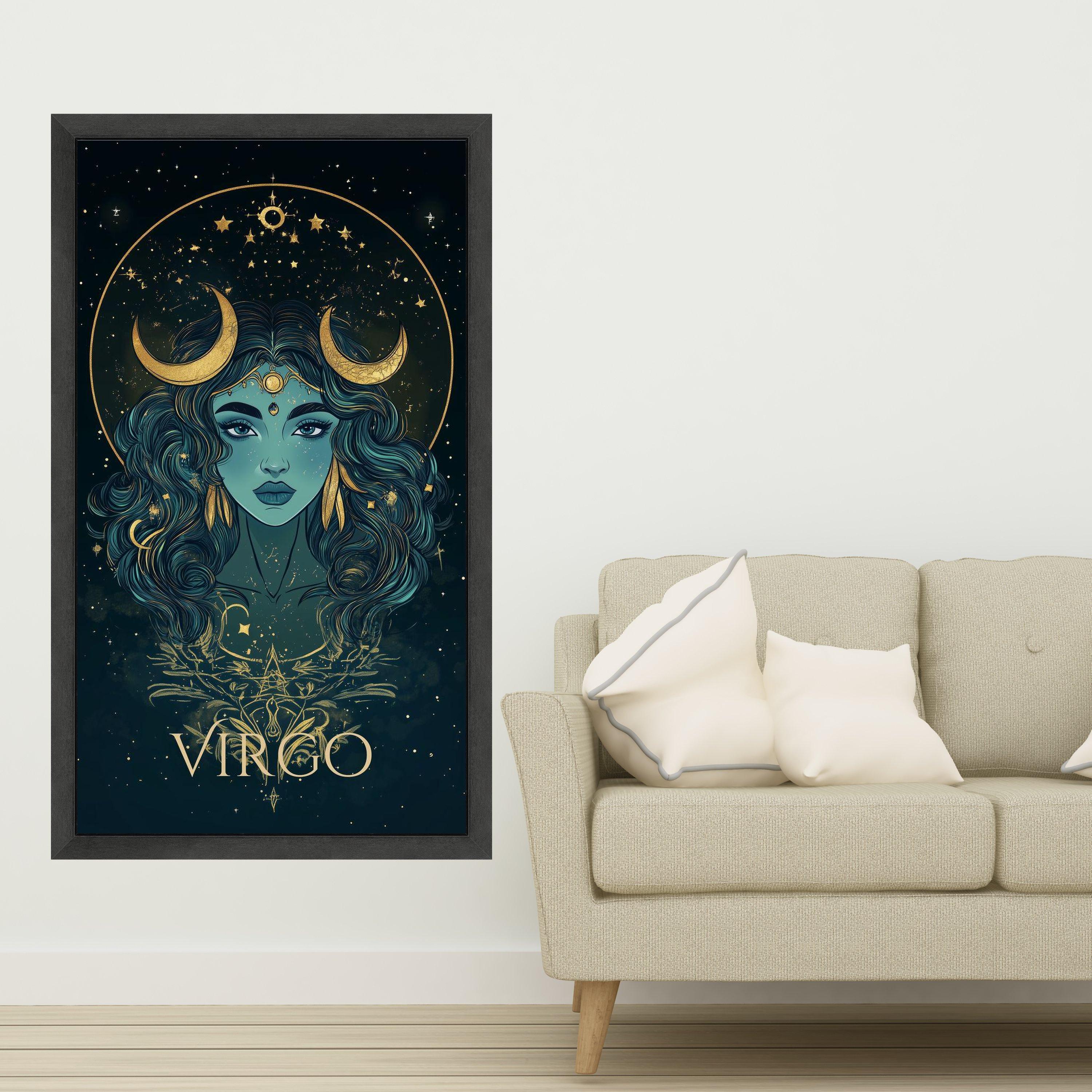 Mystic Virgo Zodiac Canvas Wall Art, Astrology Portrait Print, Celestial Horoscope Decoration, Woman with Crescent Moon, Ready To Hang,