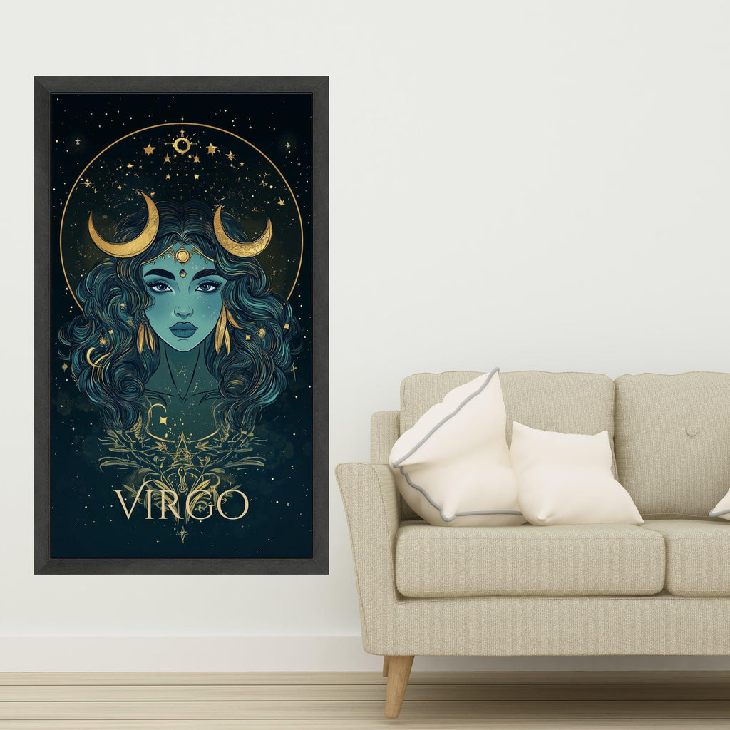 Mystic Virgo Zodiac Canvas Wall Art, Astrology Portrait Print, Celestial Horoscope Decoration, Woman with Crescent Moon, Ready To Hang,