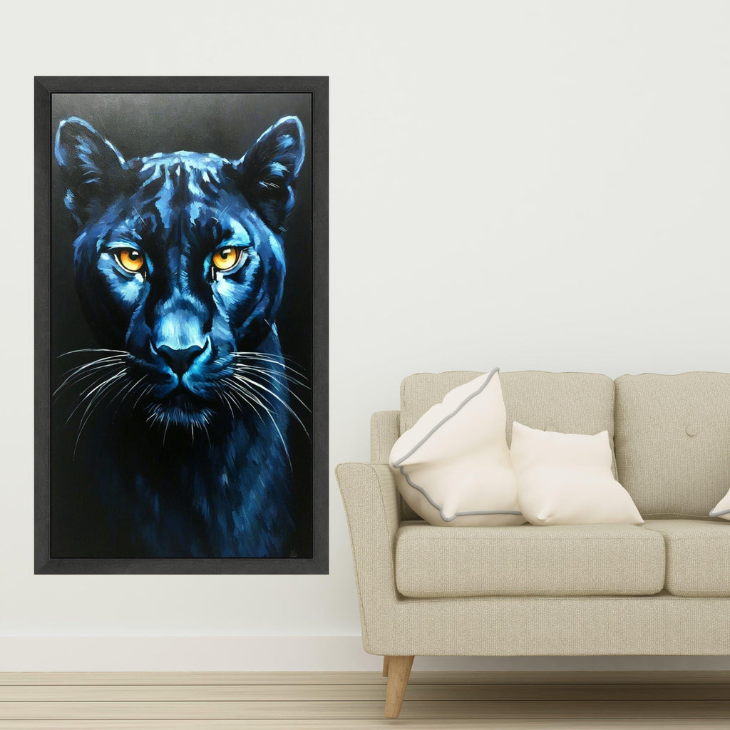 Majestic Black Panther Canvas Wall Art, Blue Toned Animal Portrait, Fierce Wildlife Home Decor, Big Cat Face Painting, Ready Ready To Hang,