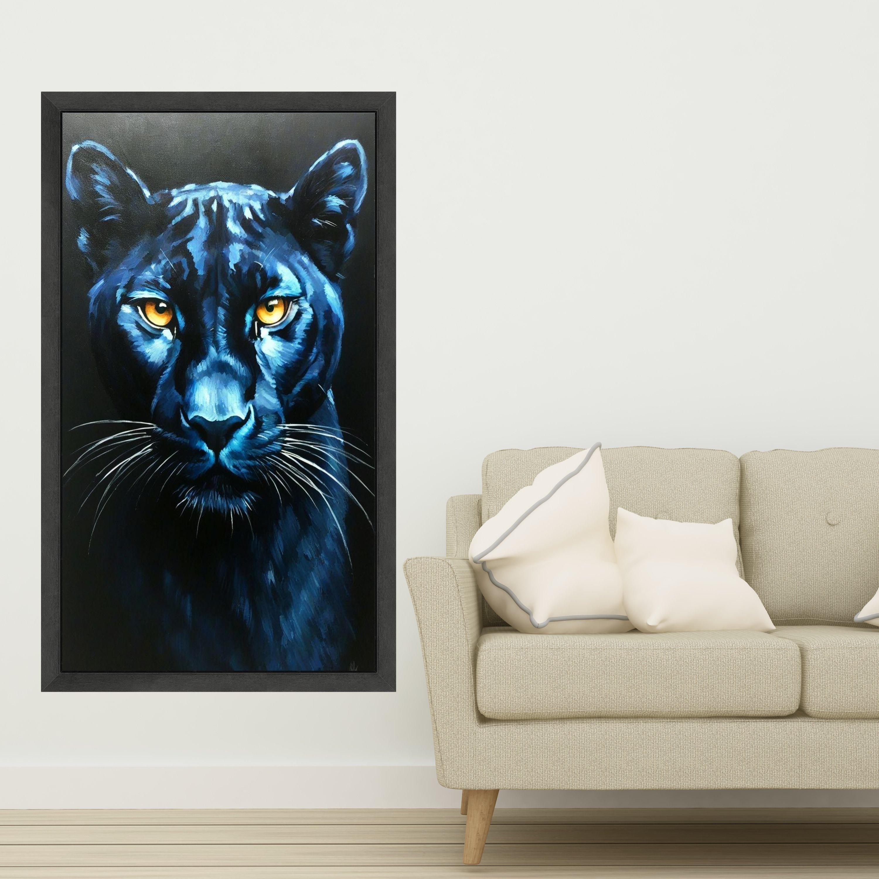 Majestic Black Panther Canvas Wall Art, Blue Toned Animal Portrait, Fierce Wildlife Home Decor, Big Cat Face Painting, Ready Ready To Hang,
