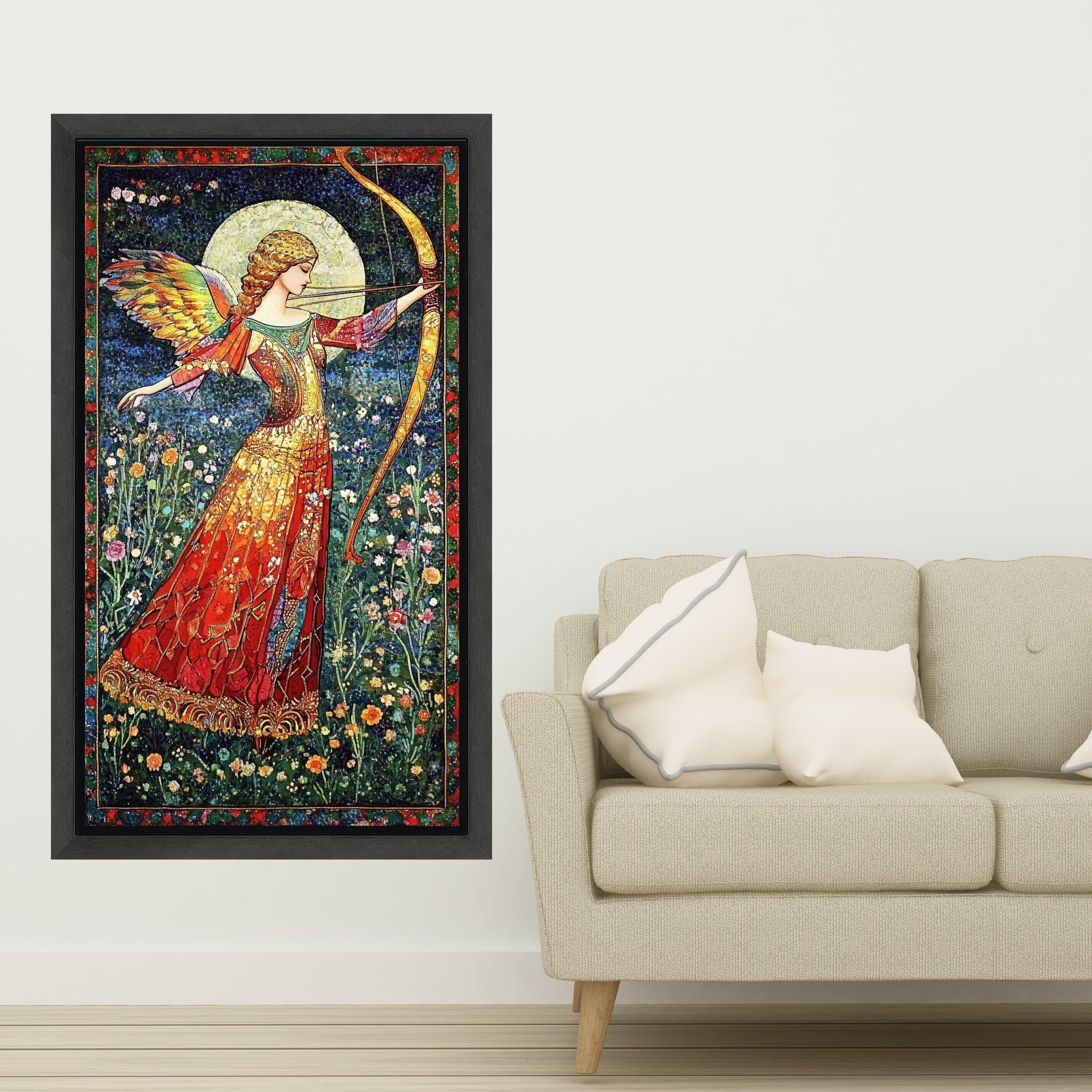 Angelic Archer in Floral Meadow Canvas, Fantasy Wall Art, Mythical Bow and Arrow Painting, Vibrant Winged Figure, Elegant Ready To Hang,